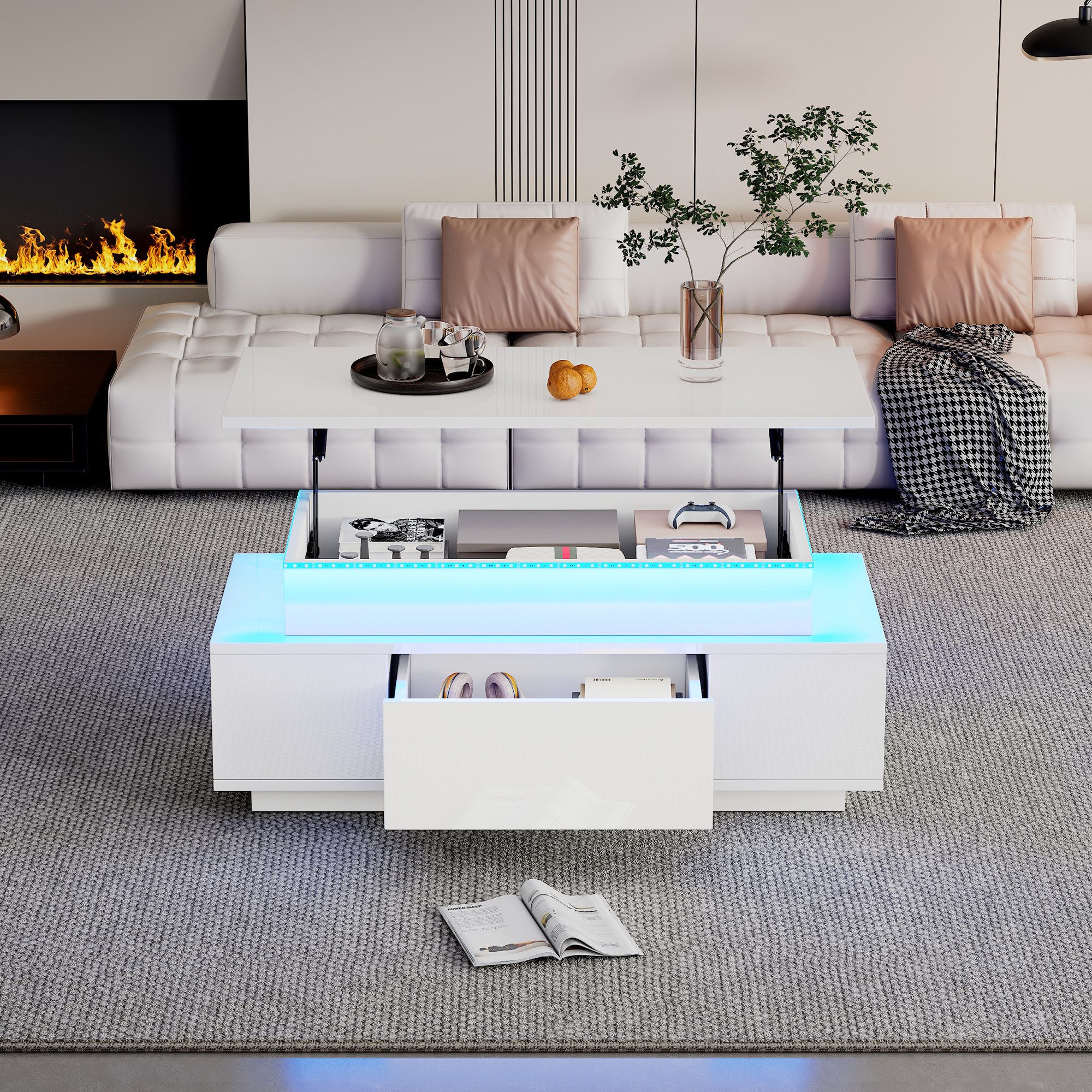 Merax Couchtisch höhenverstellbar Sofatisch Beistelltisch mit LED-Beleuchtung (1-St., Kaffeetisch 96x45x40cm), Lift-Top Wohnzimmertisch mit Schublade,Stauraum & – Bild 3 von 5