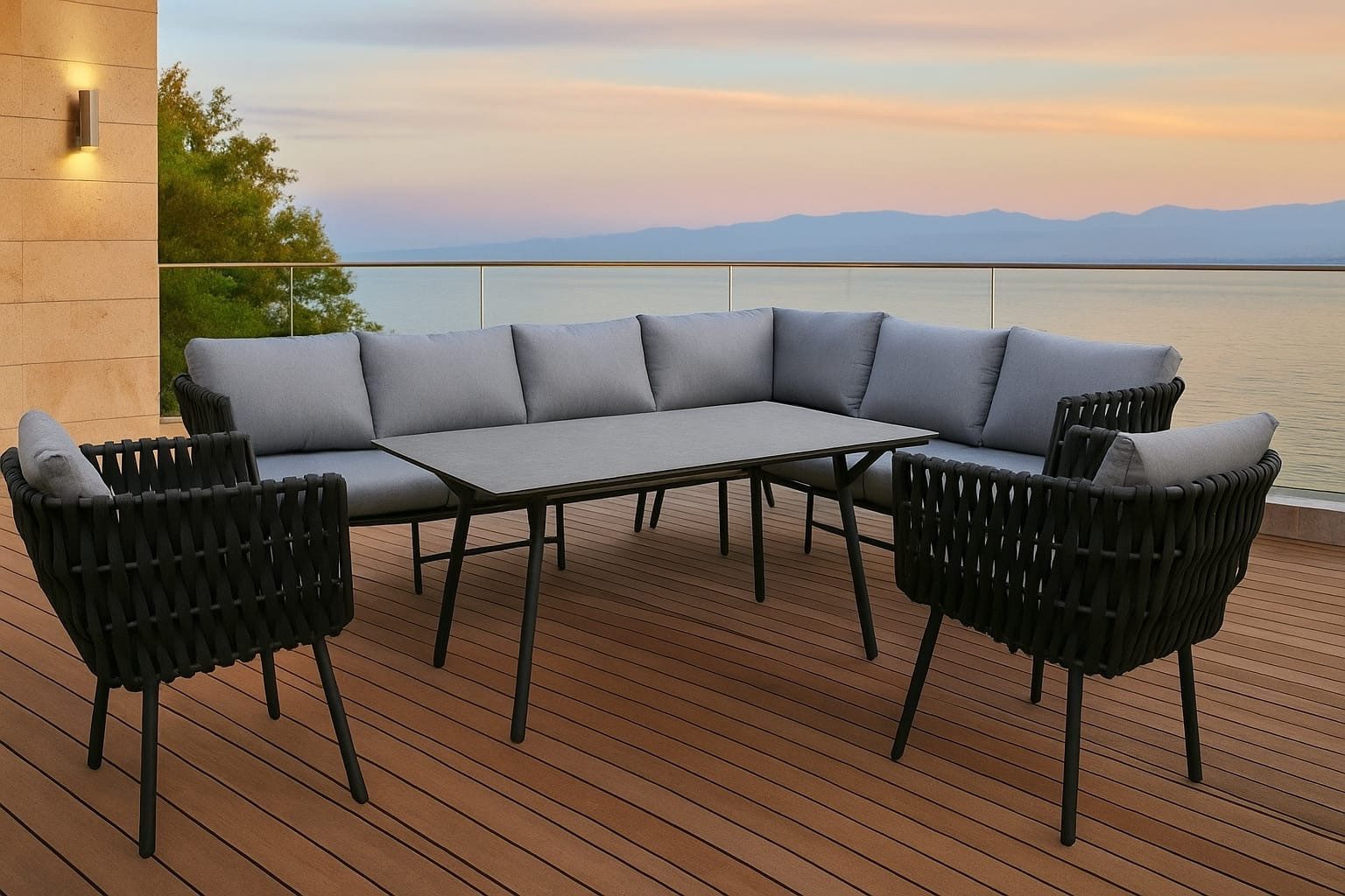 Gardissimo Gartenlounge-Set Abby rechts schwarz Rope Dining Gartenmöbelset, (Set, 4-tlg., Alu, Ecklounge, Esstisch, 2 Sessel, inkl. Auflagen), wetterfest / Bezüge waschbar / Aluminium
