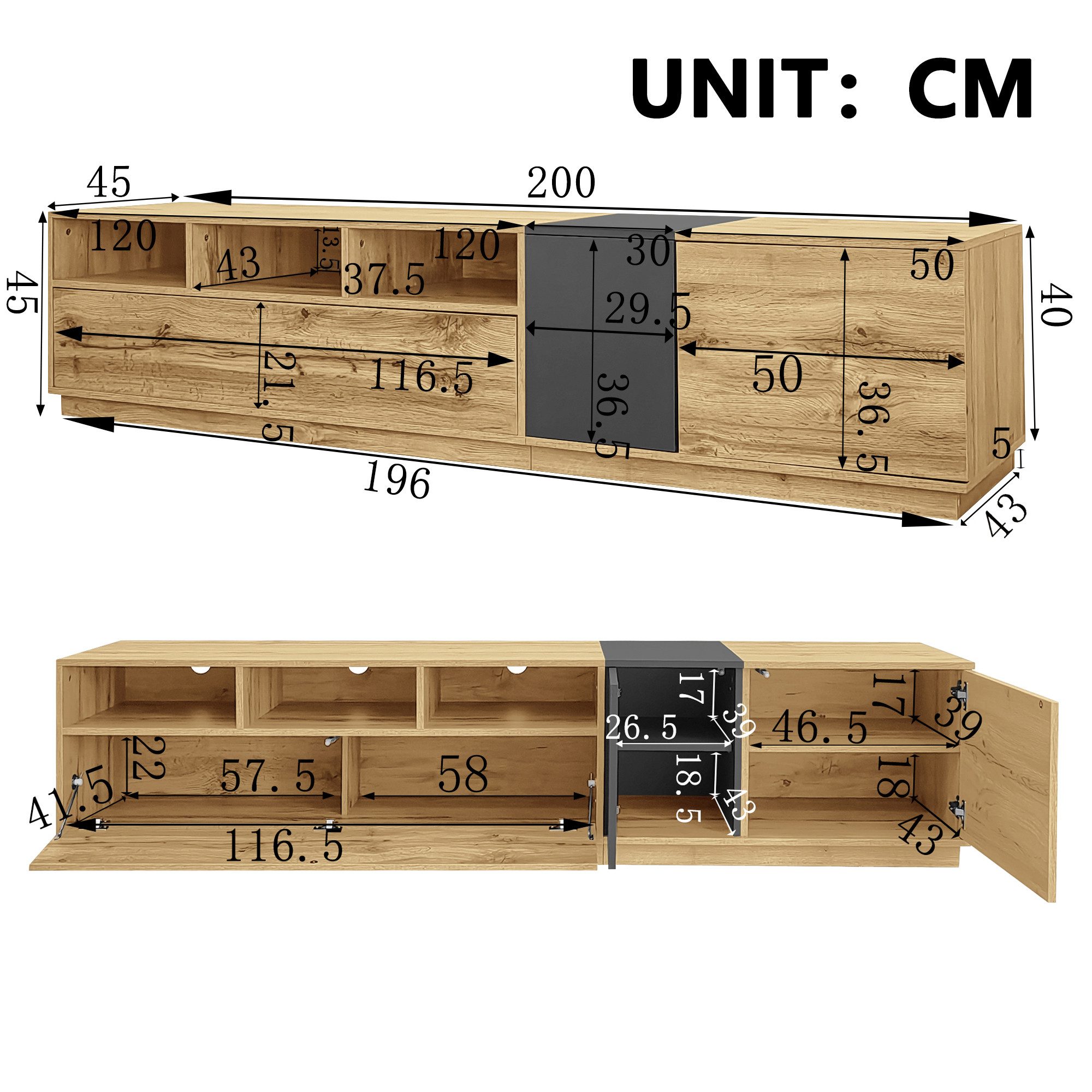 SONNI Lowboard Lowboard TV Schrank Holzfarbe 200 cm breit Modernes Design, mit Holzplatte, viel Stauraum, Kabeldurchlässe, stabil – Bild 4 von 5