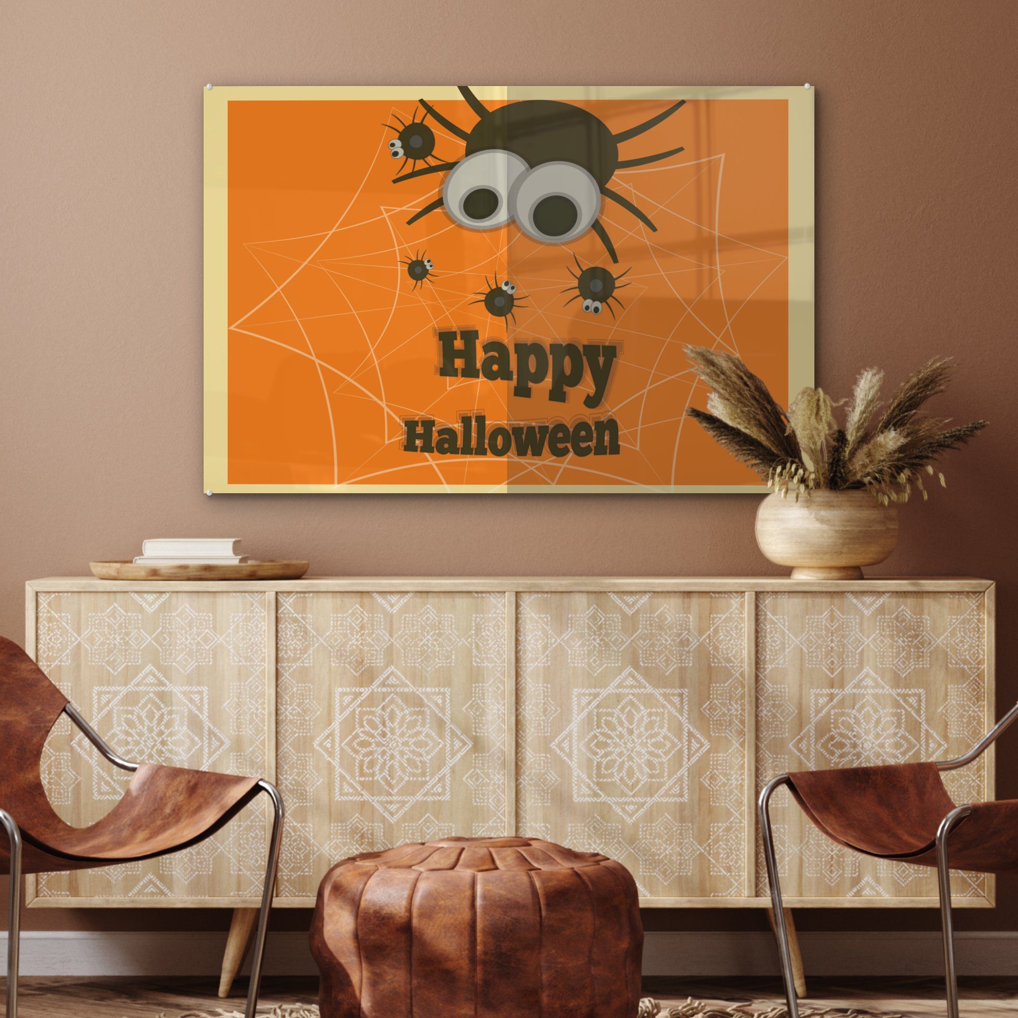 mit Schlafzimmer (1 & Halloween' St), Wohnzimmer Happy Hintergrund, Acrylglasbilder MuchoWow auf orangem Spinnen Acrylglasbild