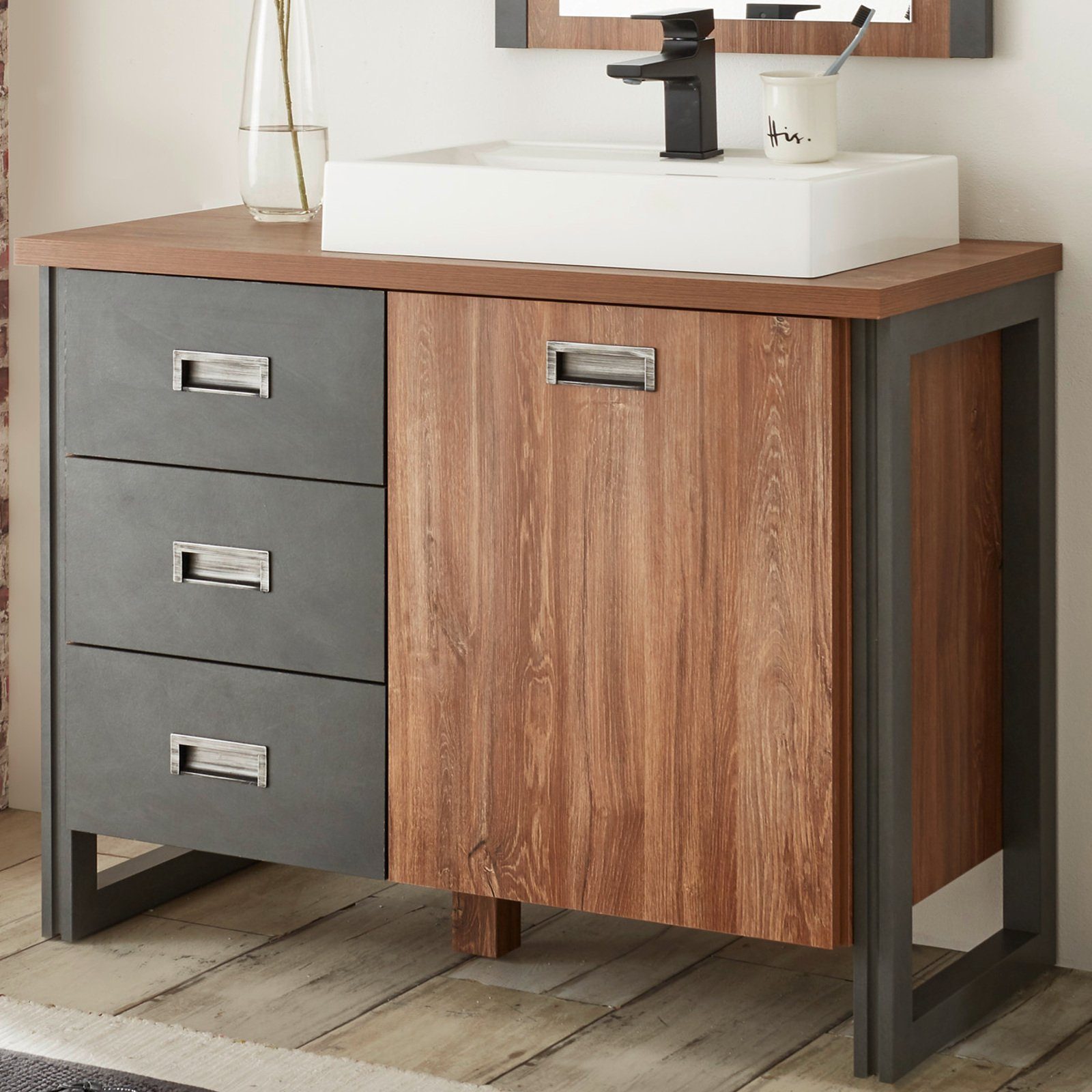 Furn.Design Waschtisch Auburn (in Sterling Eiche mit grau, inkl. Waschbecken, Breite 90 cm), Industrial Design