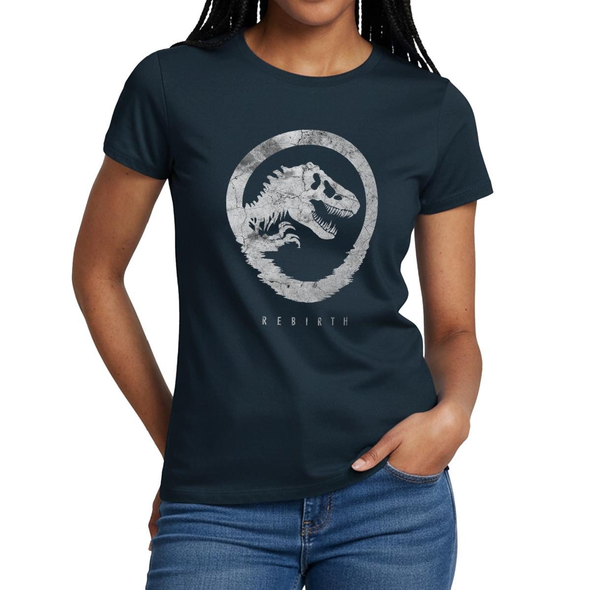 Spreadshirt T-Shirt Jurassic World Rebirth Logo Mit T-Rex Im Steinlook Frauen T-Shirt (1-tlg)
