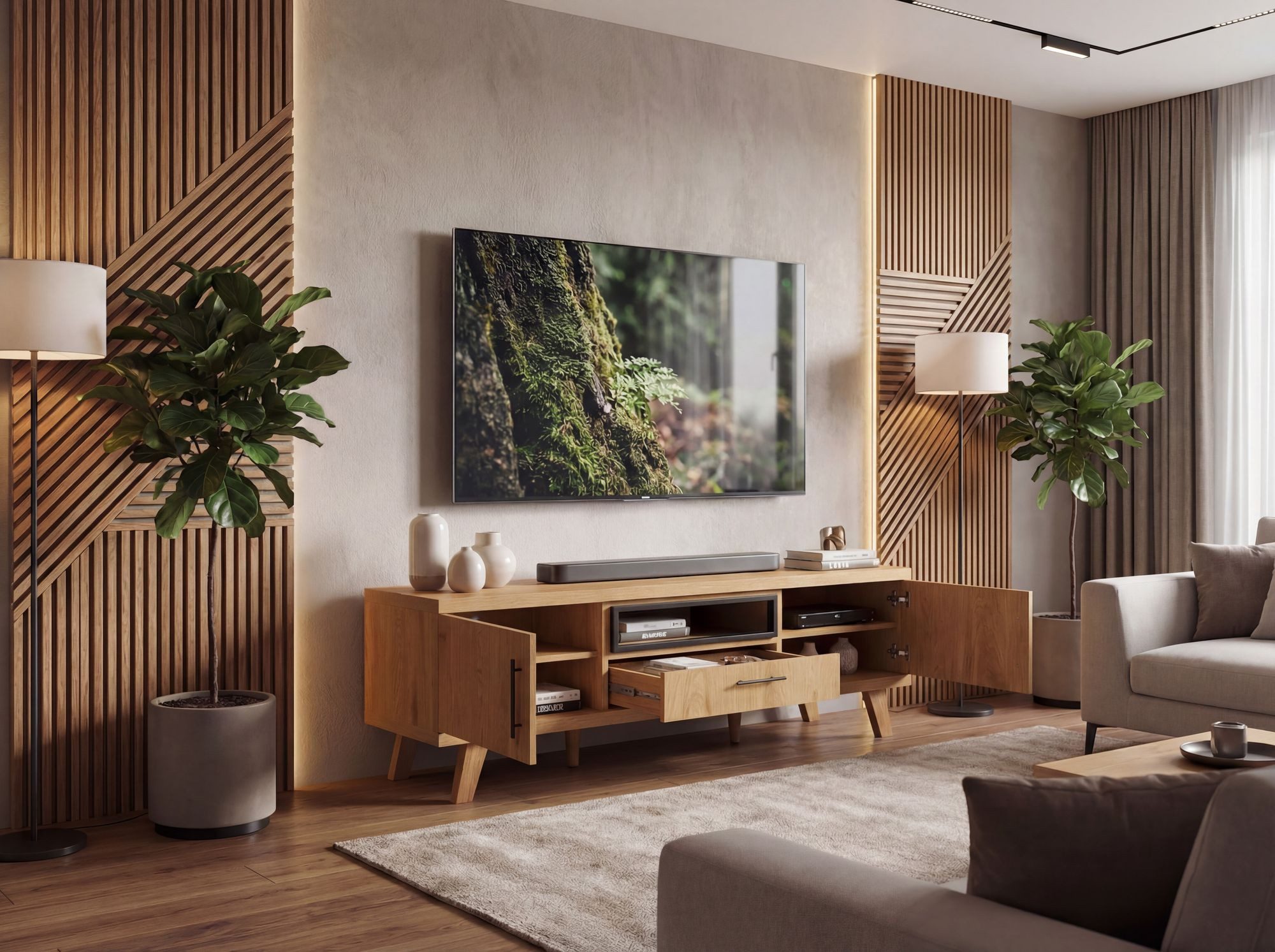 FINEBUY Lowboard FB117896 TV-Board Fernsehschrank Fernsehkommode in Eiche Dekor 150cm (Praktische TV-Anrichte mit Kabeldurchlass), Viel Stauraum dank verschiedenen Fächern