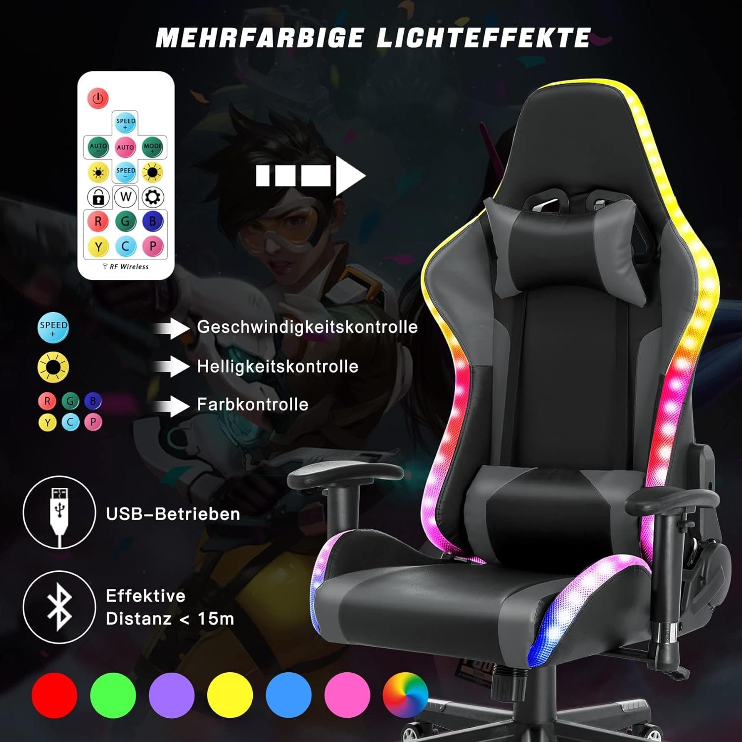 Stuhl Noir Bürostuhl Hoher Lautsprechern ergonomischer Gaming Chair Gaming Gris HomeMiYN LED-Leuchten