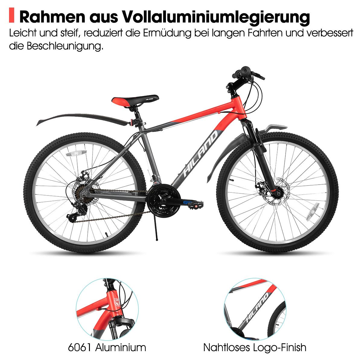 HILAND Mountainbike 26 27 29 Zoll Herren-Mountainbike,MTB Fahrrad für Erwachsene, 18-Gang, Federgabel, Aluminiumrahmen, Mechanische Scheibenbremsen