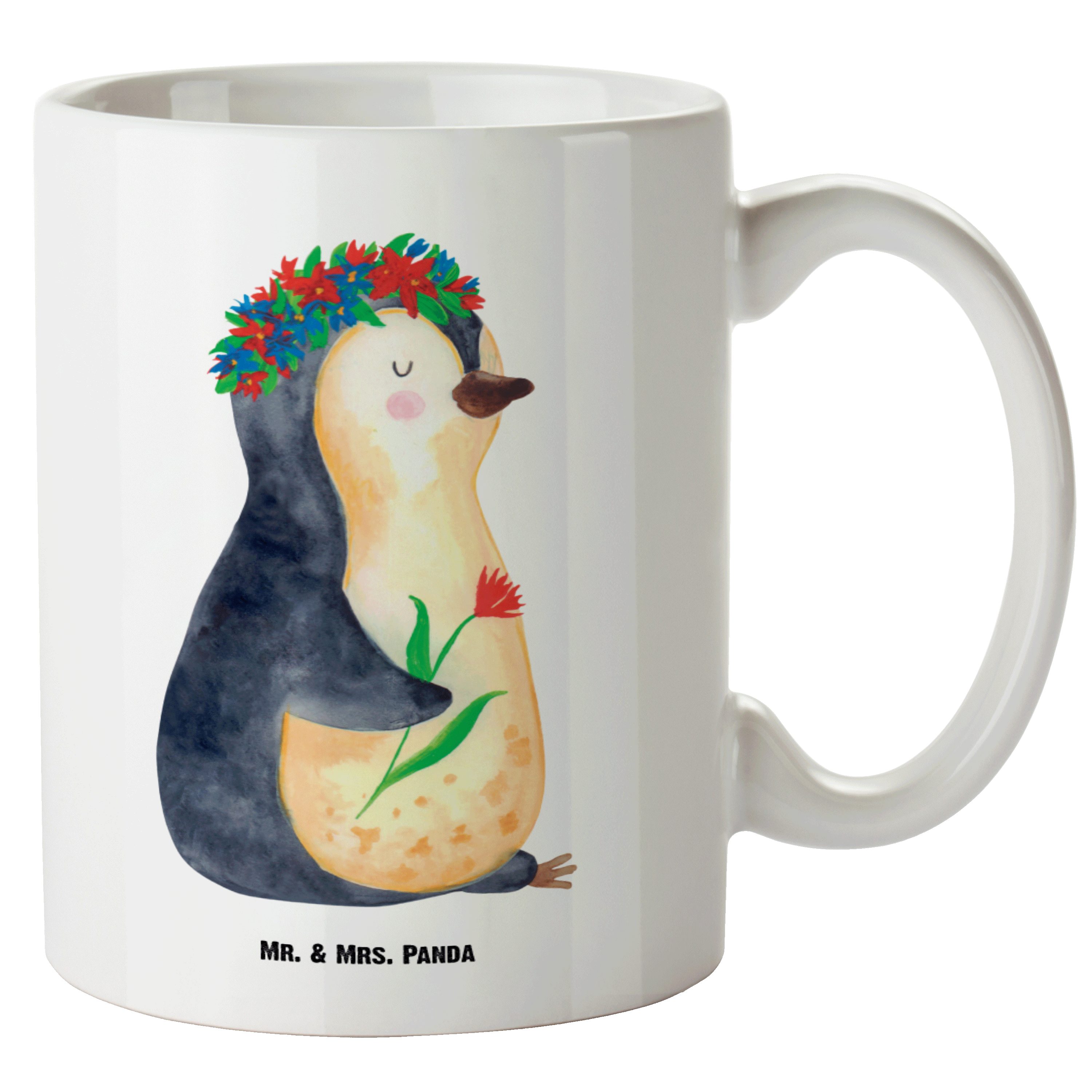 Mr. & Mrs. Panda Tasse Pinguin Blumenkranz - Weiß - Geschenk, Liebeskummer, Jumbo Tasse, Blu, XL Tasse Keramik