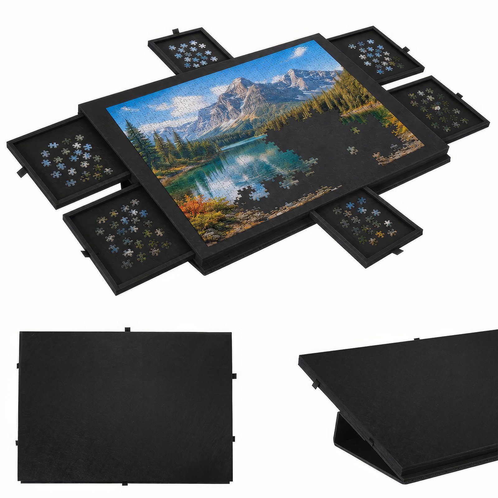 BlingBin Puzzleunterlage Filz Puzzlebrett 1000 Teile mit 6 Schubladen, klappbar, (2-in-1 Puzzlematte mit Ständer & Abdeckung, 1-tlg., 1tlg, 77 x 53,6 x 4,2 cm), Leicht & tragbar für Erwachsene & Kinder