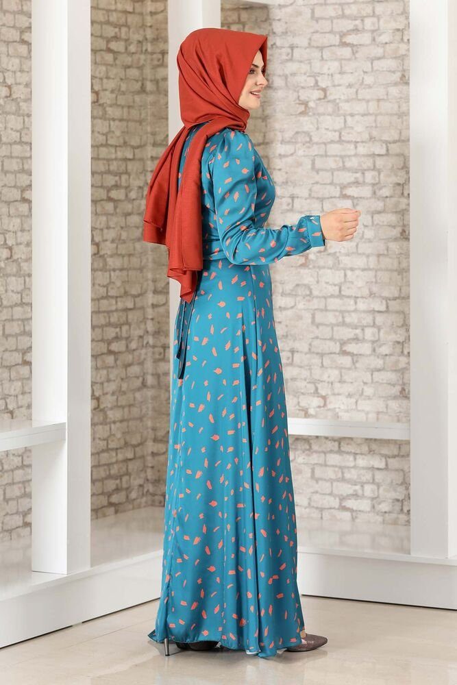 Abaya Satinkleid Abendleid Mode Hijab Abiye Kleid aus gemustertes Satin Modavitrini Petrolblau