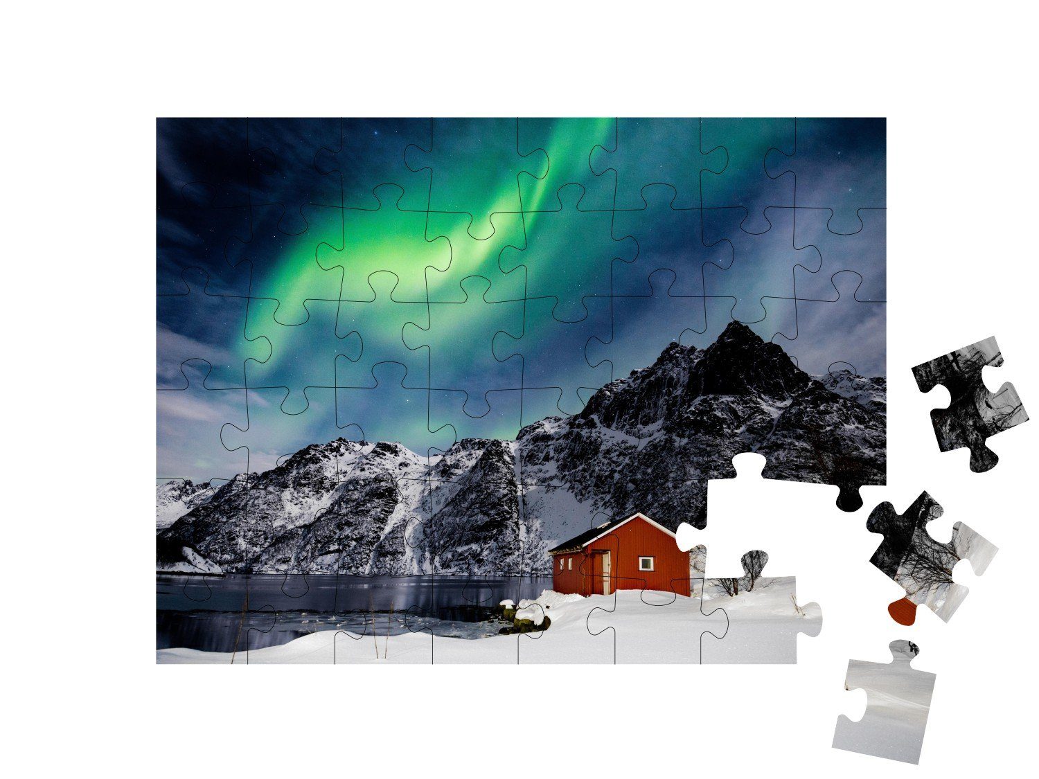 100 puzzleYOU Teile, puzzleYOU-Kollektionen Lofoten-Inseln: Puzzleteile, 48 einem Bergsee, Teile Teile, 500 Natur, Nordlicht über Puzzle 48