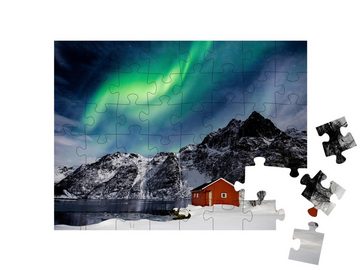 puzzleYOU Puzzle Lofoten-Inseln: Nordlicht über einem Bergsee, 48 Puzzleteile, puzzleYOU-Kollektionen Natur, 500 Teile, 2000 Teile, 1000 Teile