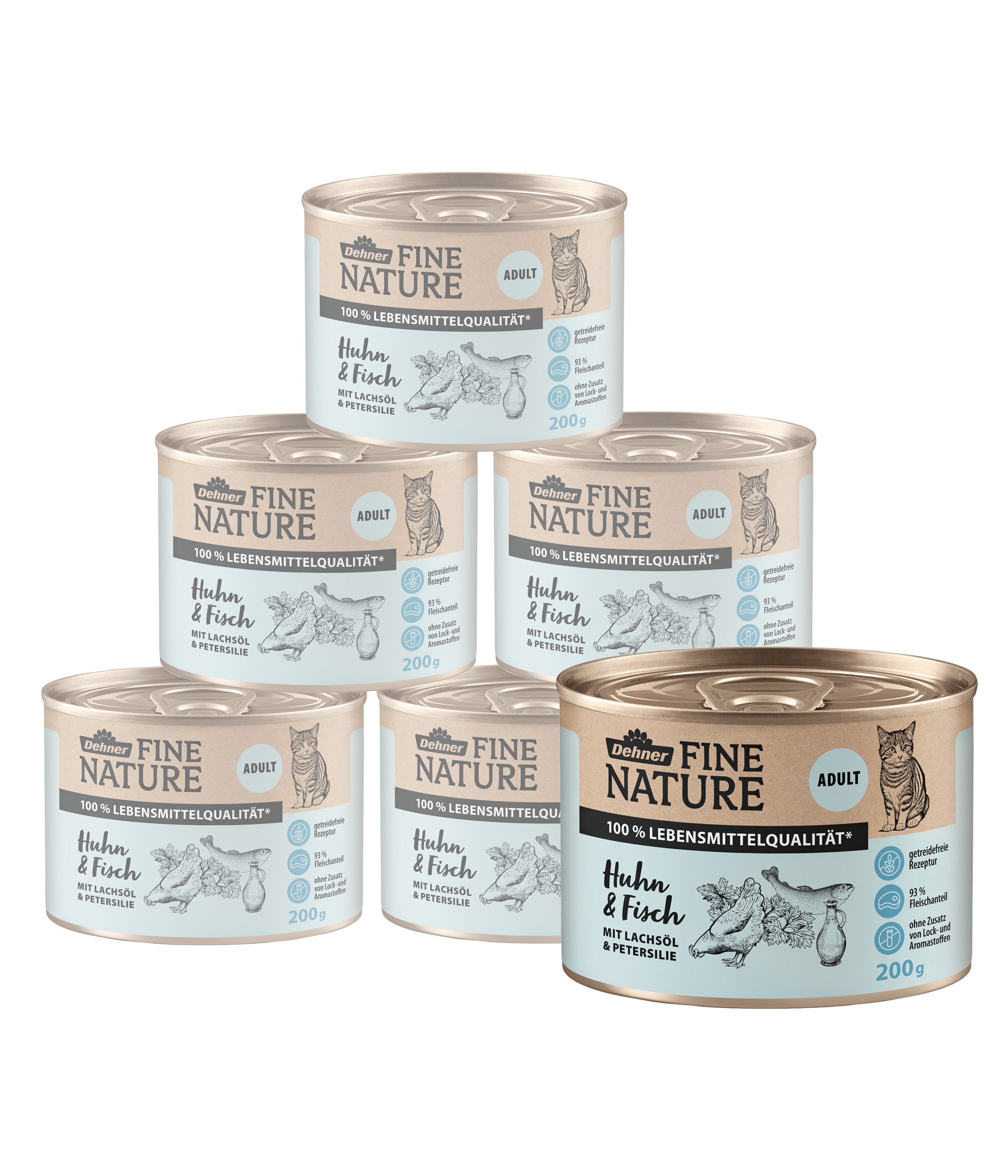 Dehner Fine Nature Adult Huhn / Fisch mit Lachsöl, 6 x 200 g / 400 g Dose Huhn, Nassfutter für: Katze, Nassfutter für ausgewachsene Katzen, getreidefrei
