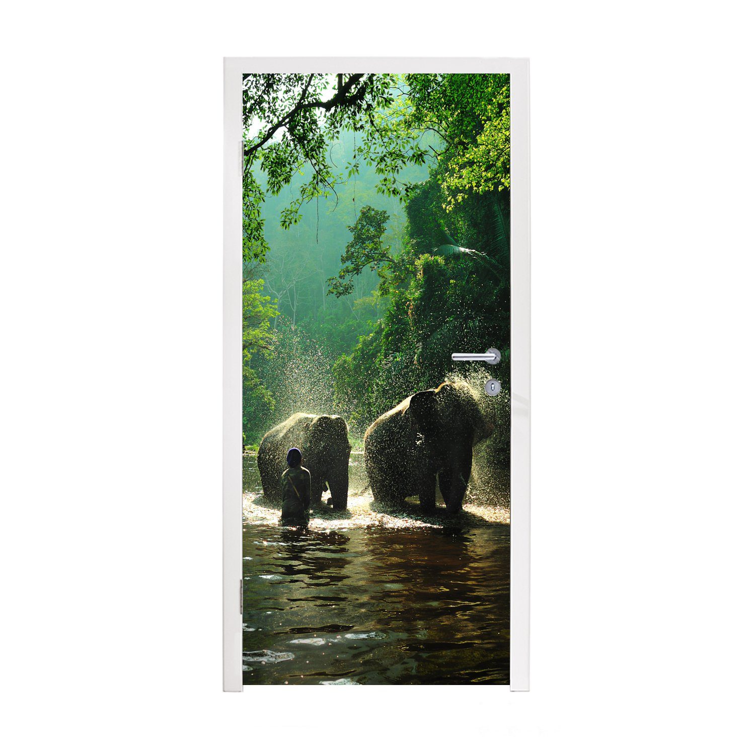 MuchoWow Türtapete Elefant - Wasser - Bäume - Grün - Tiere, Matt, bedruckt, (1 St), Fototapete für Tür, Türaufkleber, 75x205 cm