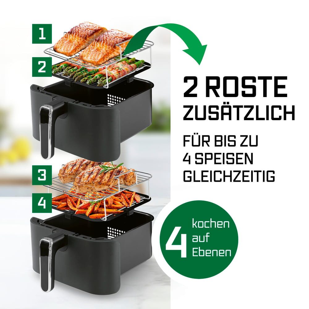 GOURMETmaxx Heißluftfritteuse FryUp Vertikaler Doppelkammer Airfryer 2x 5l, 2800 W, klappbares Touchdisplay, 32% platzsparender, Fassungsvermögen 10L