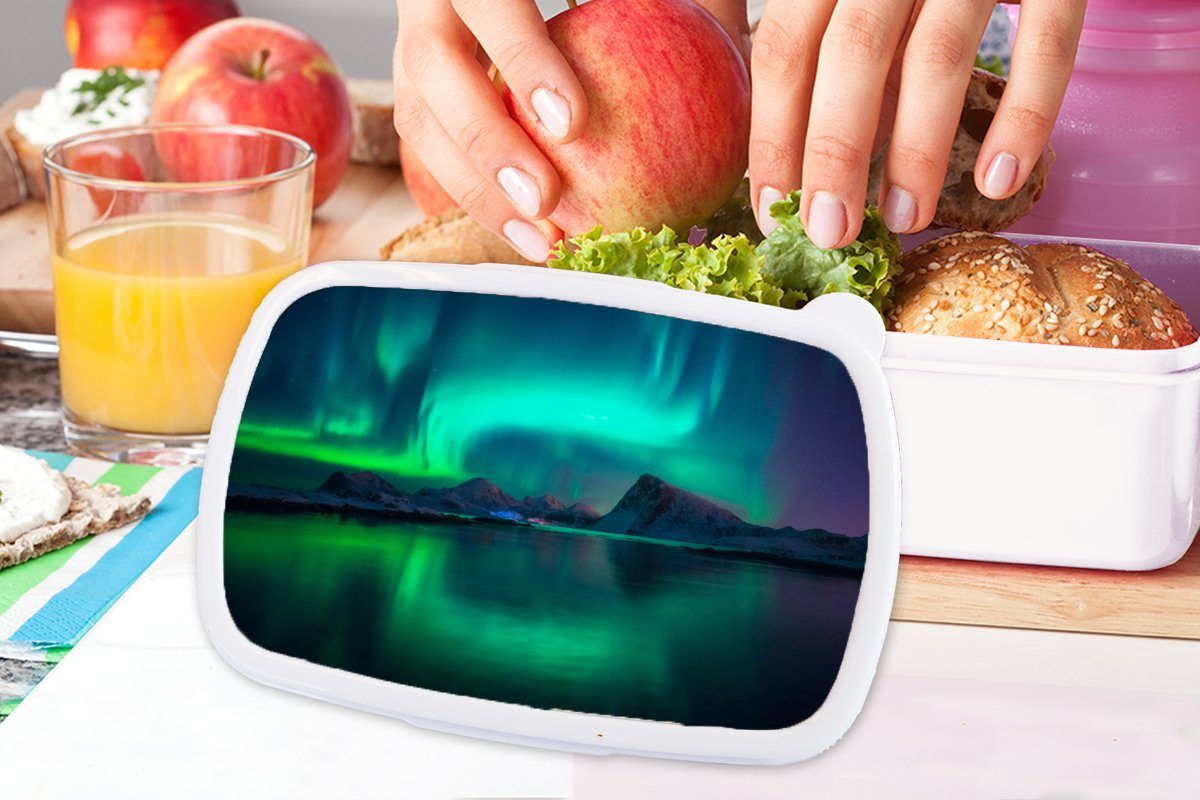 Kunststoff, Lunchbox und MuchoWow (2-tlg), weiß Berge Norwegen, für und - Kinder für Mädchen Jungs Brotdose, Erwachsene, Brotbox Nordlichter -
