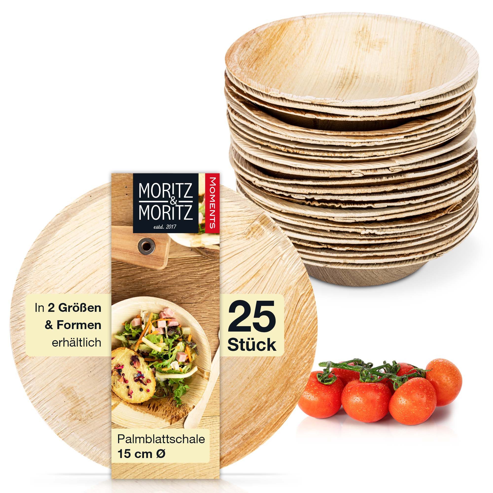 Moritz & Moritz Einweggeschirr-Set Moritz & Moritz 25x Palmblatt Schüssel Rund 15cm (25-tlg), 25 Personen, Palmblatt, Birkenholz, 25x25cm