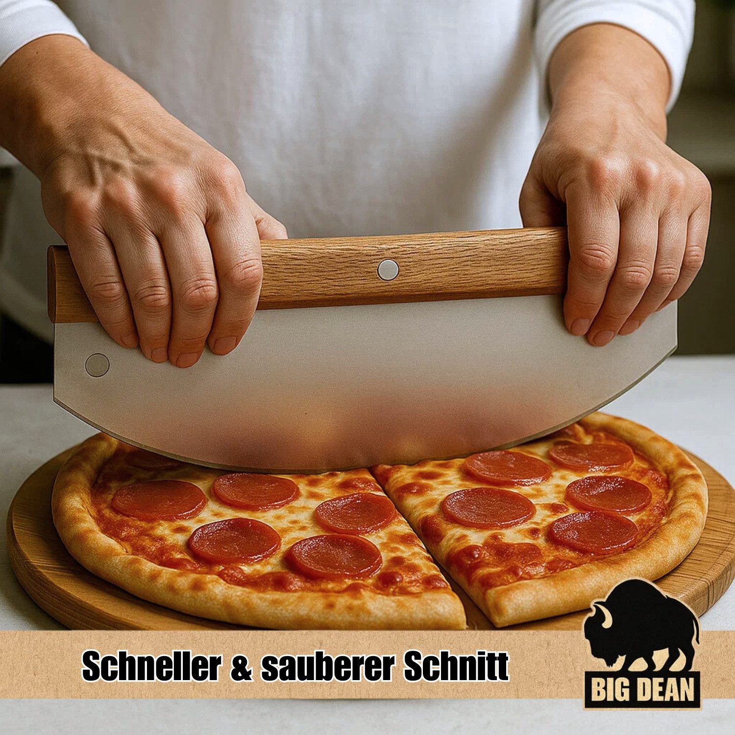 BigDean Pizzaschneider Pizzamesser mit Klingenschutz 32cm Edelstahlklinge - Pizza Wiegemesser, Wellenschliff, Ohne Drücken, Ohne Quetschen – Bild 5 von 5