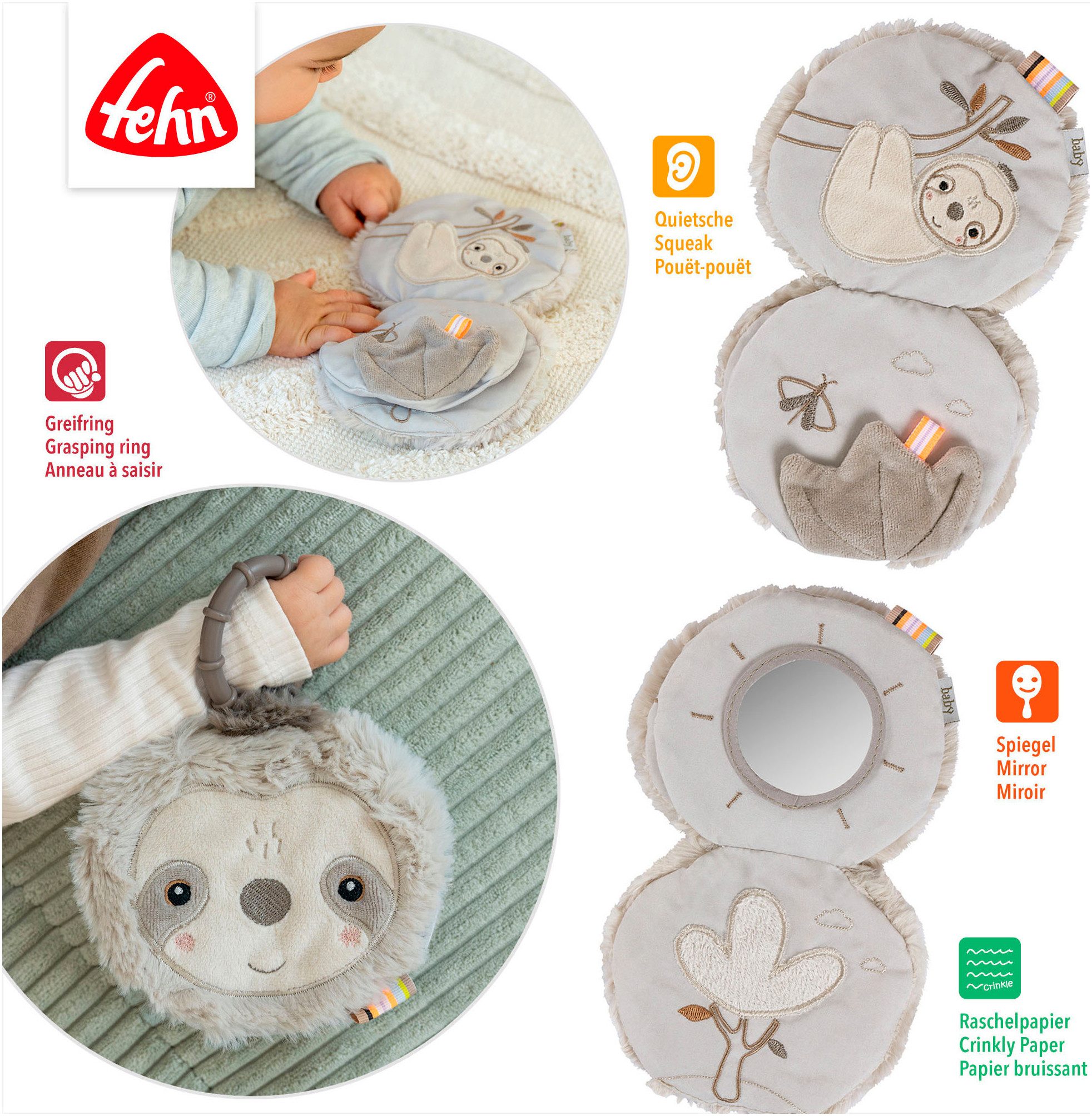 Fehn Greifspielzeug Lazy, Crazy & Pink, Stoffbuch Faultier