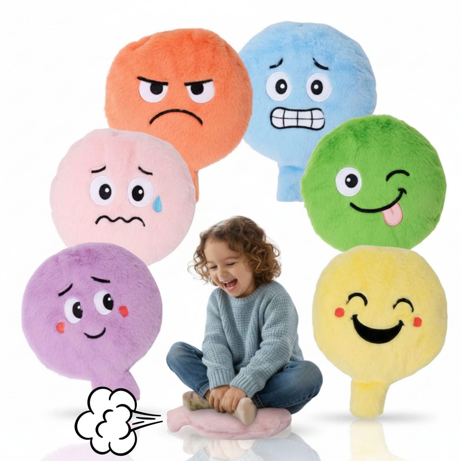 alldoro Kuscheltier XXL Plüsch-Furzkissen Set "Emotions" – 6 Charaktere mit Pups-Sound, Pupskissen für Kinder ab 3 – animiert zum Lachen & Reden über Gefühle
