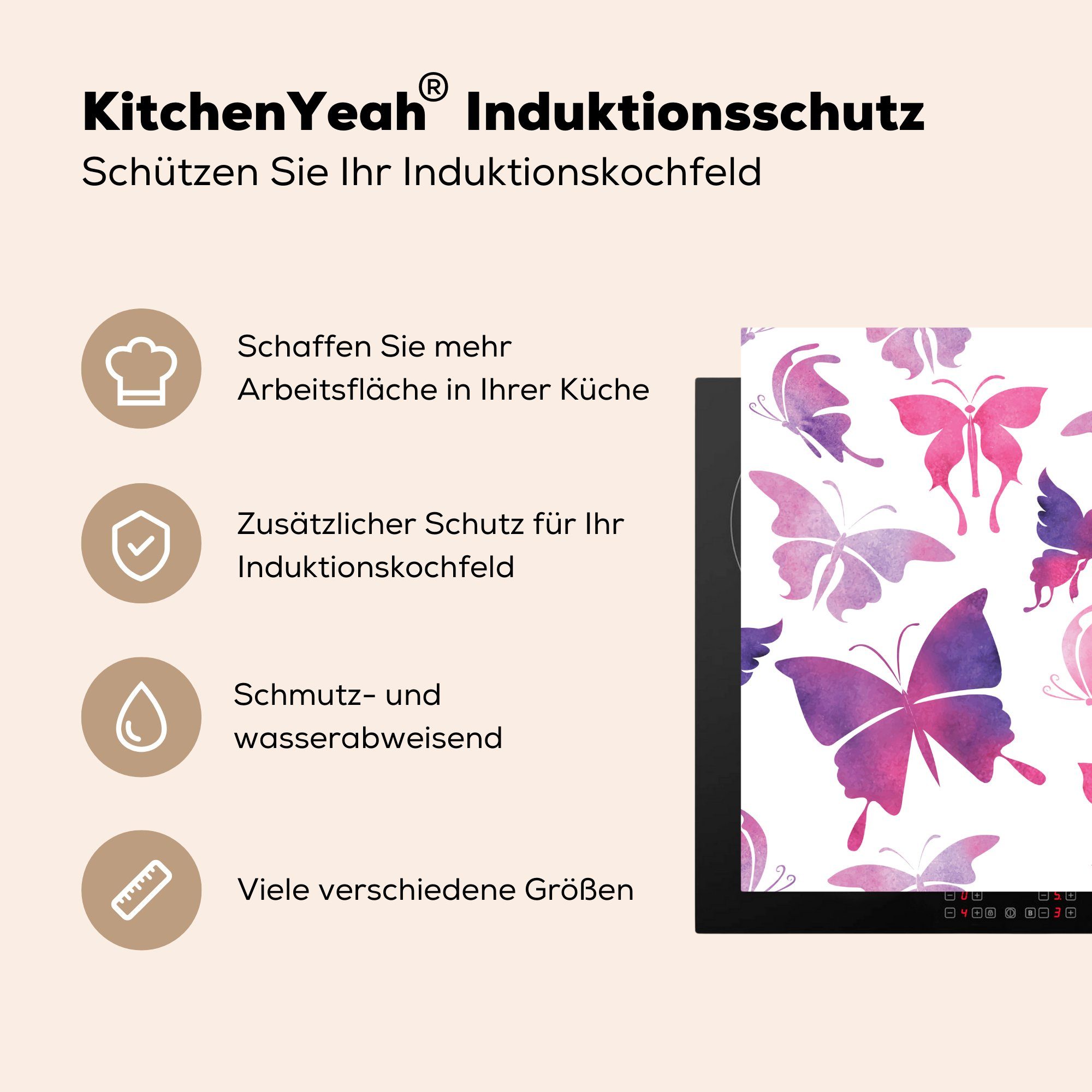 MuchoWow Herdblende-/Abdeckplatte cm, - Farbe küche Ceranfeldabdeckung, für Arbeitsplatte 78x78 Schmetterling - Vinyl, - Lila, (1 Rosa tlg)