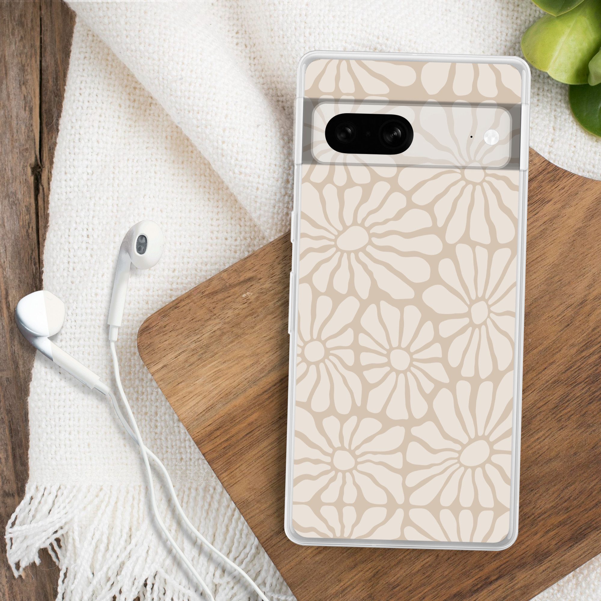 MuchoWow Handyhülle für Google Pixel 7 Floral - Druck - Beige - Braun - Minimalistisch, Phone Case, Silikon, Schutzhülle Dünn