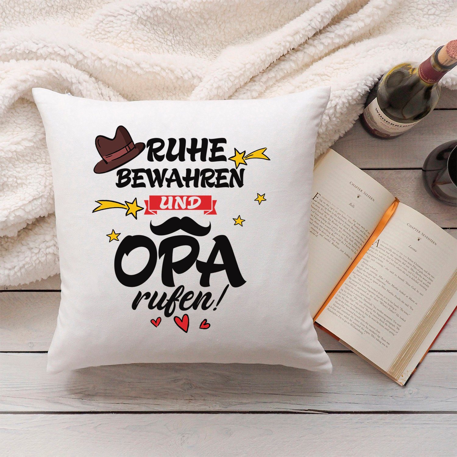 GRAVURZEILE Zierkissen mit Spruch - Ruhe bewahren und Opa rufen - Geschenk für Familie -, starke Farben ohne verblassen, Maschinenwäsche geeignet - ohne Füllung