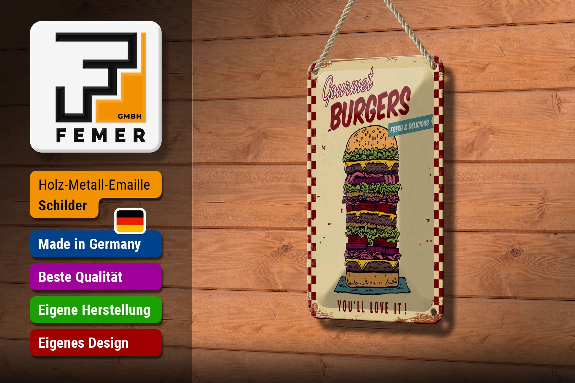 Femer GmbH Metallschild Reklame 12x18 cm Gourmet Burgers, (1 St), gewölbte Oberfläche, abgerundete Ecken, umgeschlagene Kanten