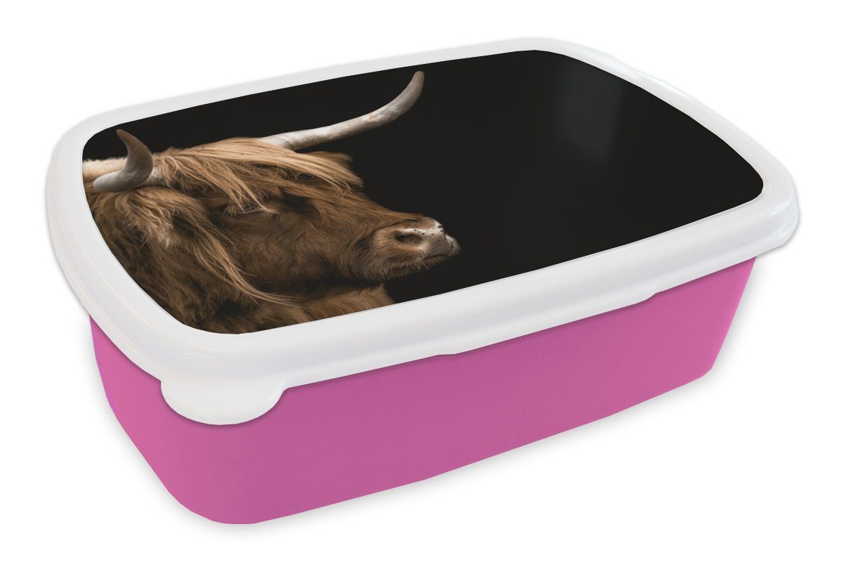MuchoWow Lunchbox Schottischer Highlander - Tiere - Kuh, Kunststoff, (2-tlg), Brotbox für Erwachsene, Brotdose Kinder, Snackbox, Mädchen, Kunststoff rosa
