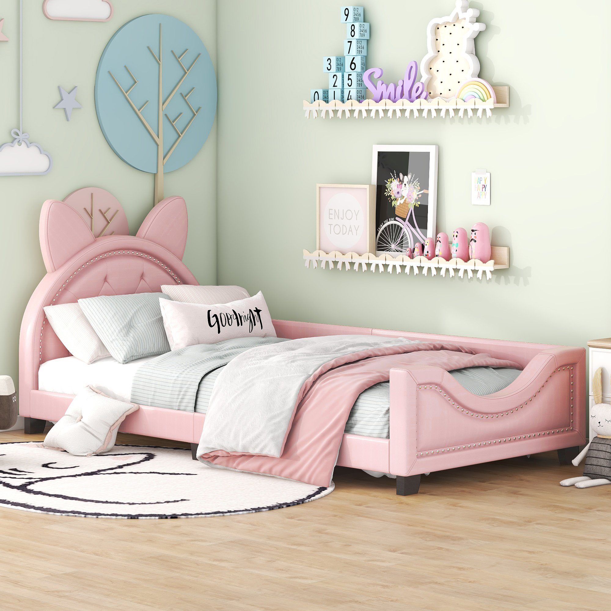 BlingBin Einzelbett Kinderbett 90×200cm (1-tlg., Form von Karton-Ohren, Rosa), mit Holz Lattenroste und Rückenlehne