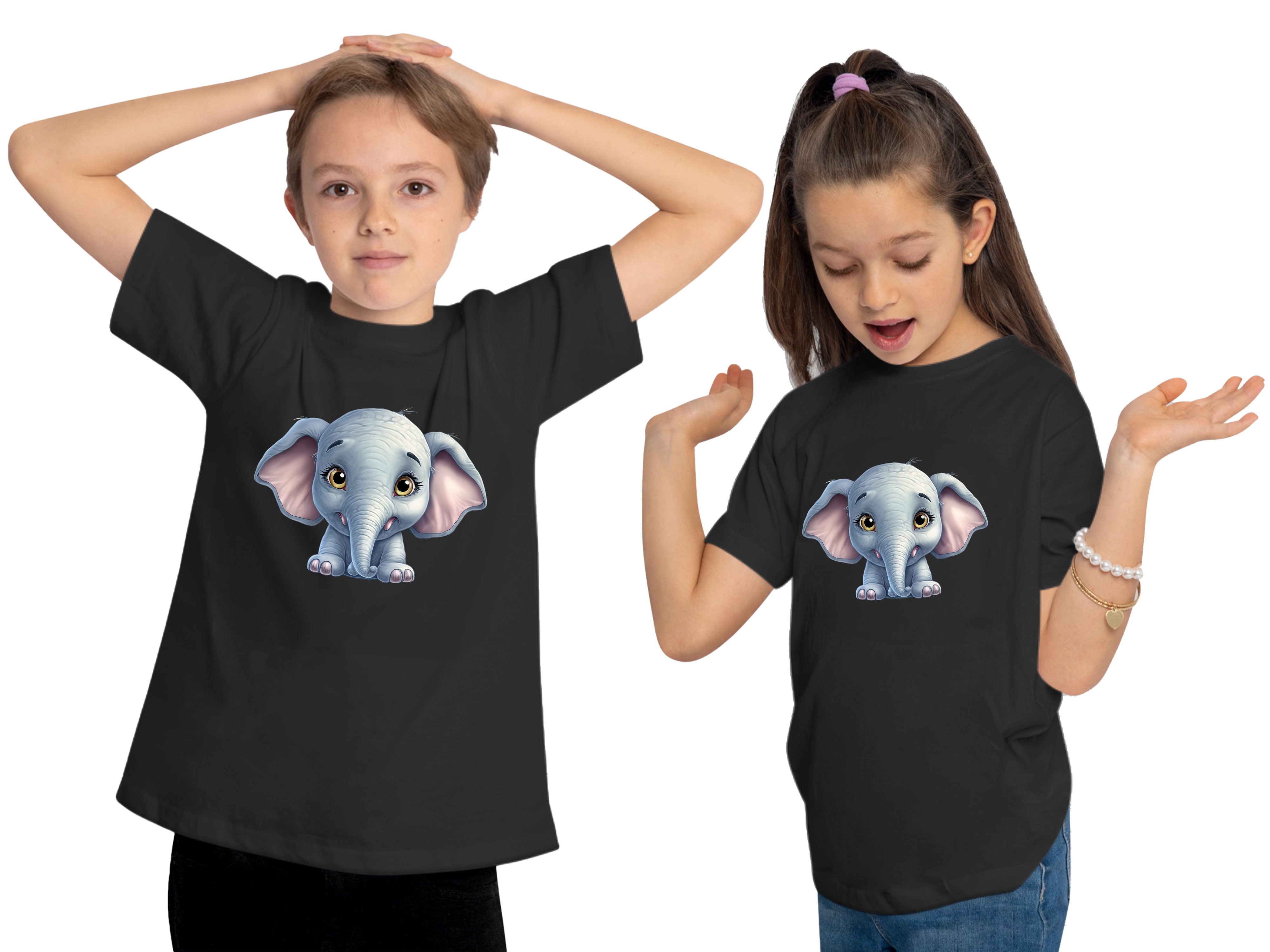 MyDesign24 T-Shirt Wildtier Baumwollshirt i272 mit Shirt Baby schwarz Kinder Print bedruckt Elefant - Aufdruck