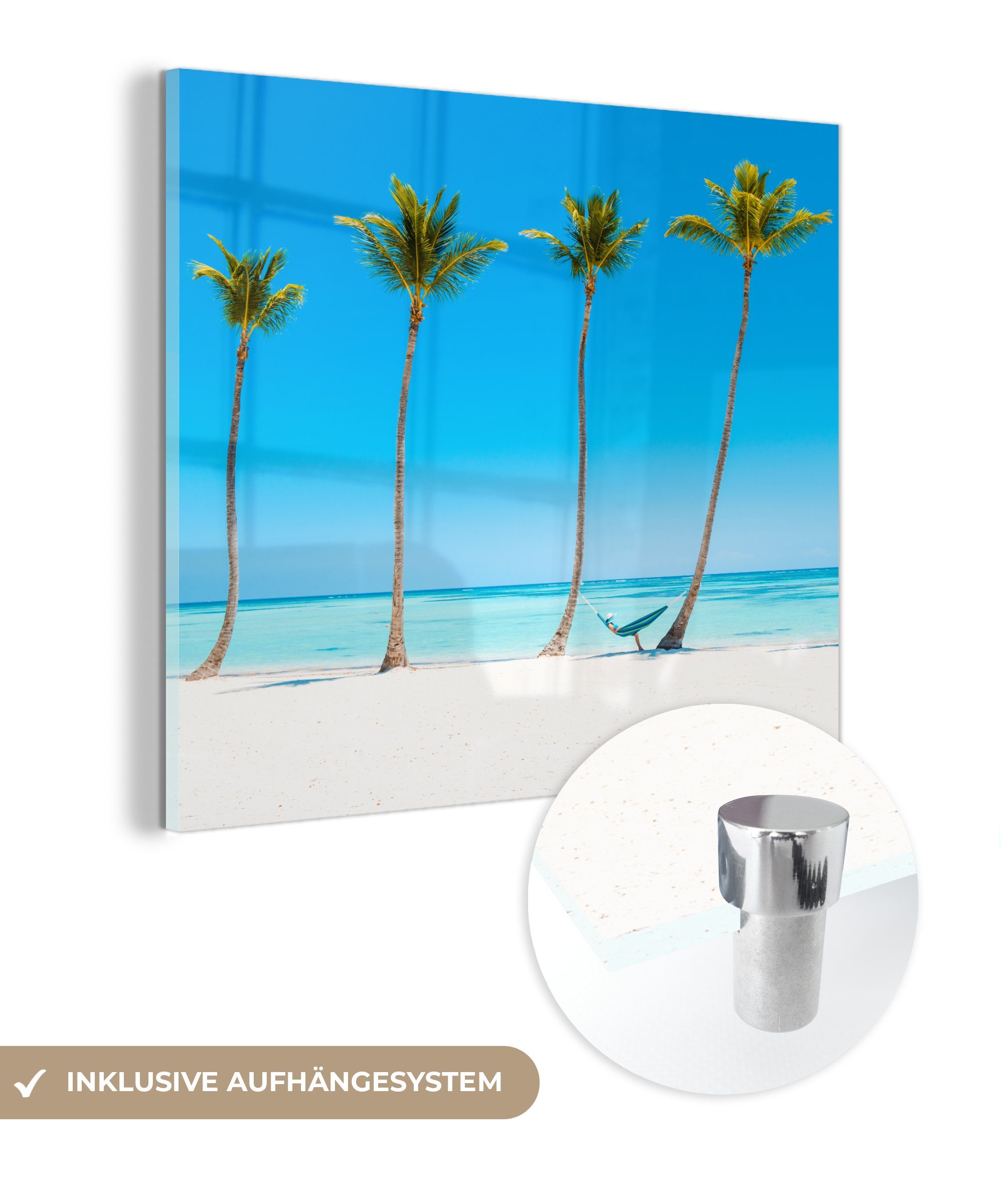 MuchoWow Acrylglasbild Glas auf Wandbild Foto Glasbilder auf Wanddekoration Bilder - - Meer Glas Hängematte, St), - - - (1 Palmen