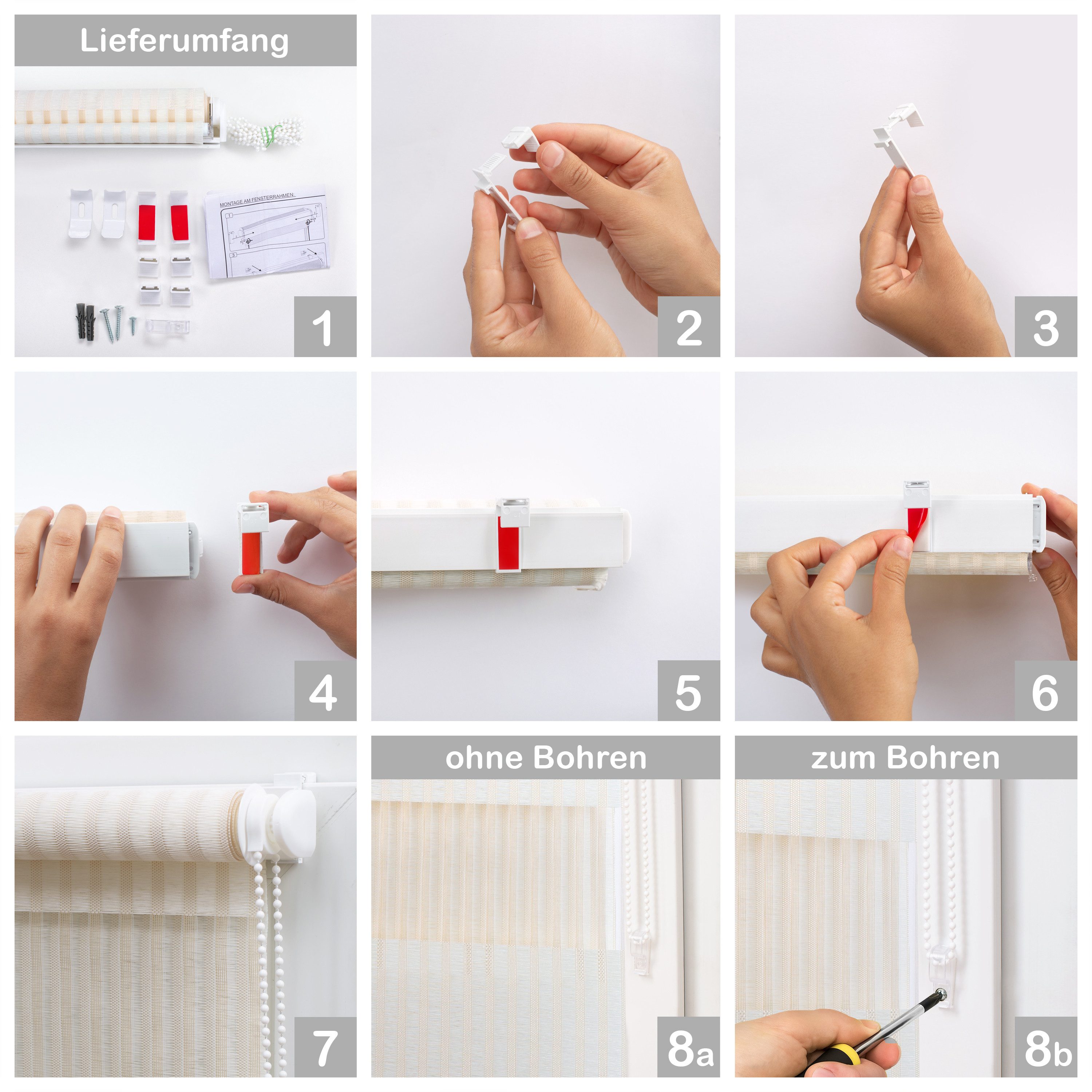 Doppelrollo Klemmfix "Bambus", 75x150 cm, Creme Montage ohne Bohren, DomDeco, Klemm- oder Schraubmontage, Klemmbar, Kettenzug, ohne Bohren, Sicht- und Blendschutz