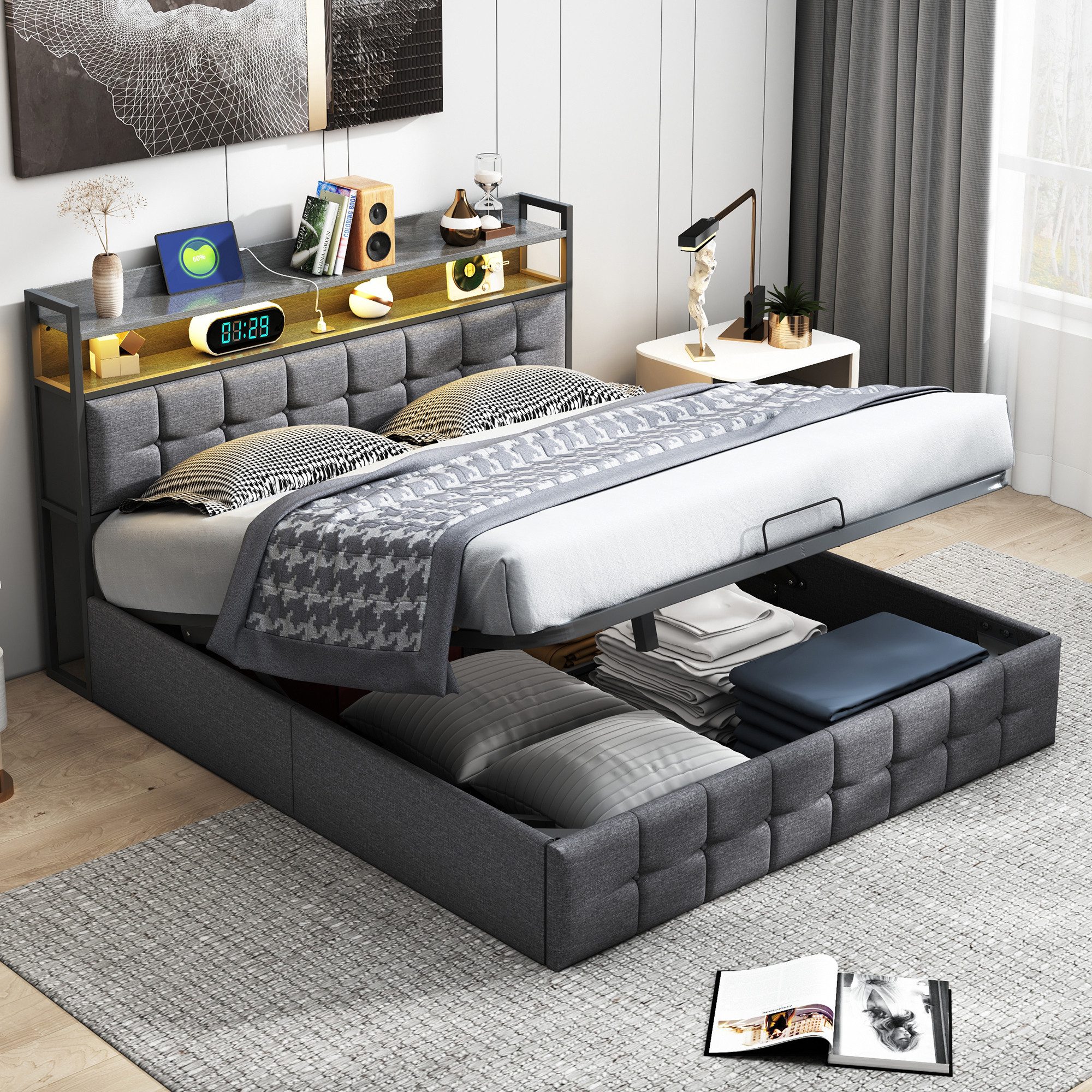 Furnishings Home Polsterbett Stauraumbett Doppelbett LED (Ausgestattet mit günstig online kaufen