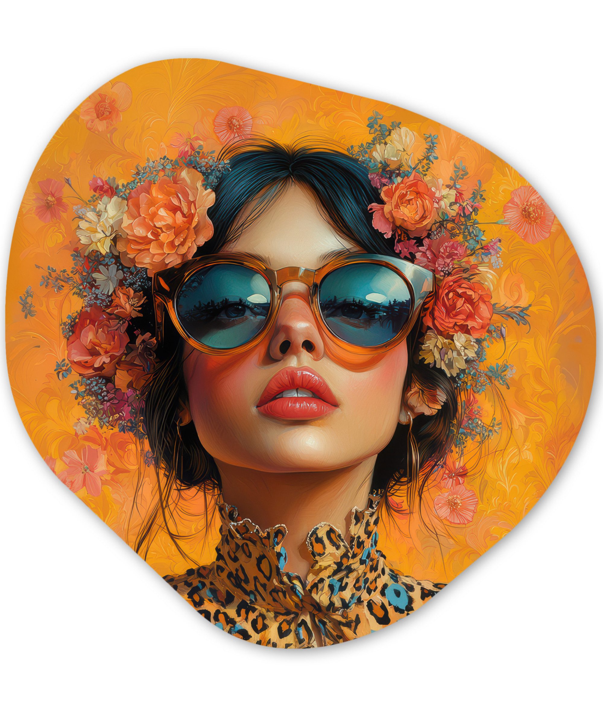 MuchoWow Gemälde Frau - Blumen - Ästhetik - Orange, Fotodruck (1 St), Wandbild Abstrakt, Wohnzimmer Schlafzimmer Wanddekoration, 40x40 cm