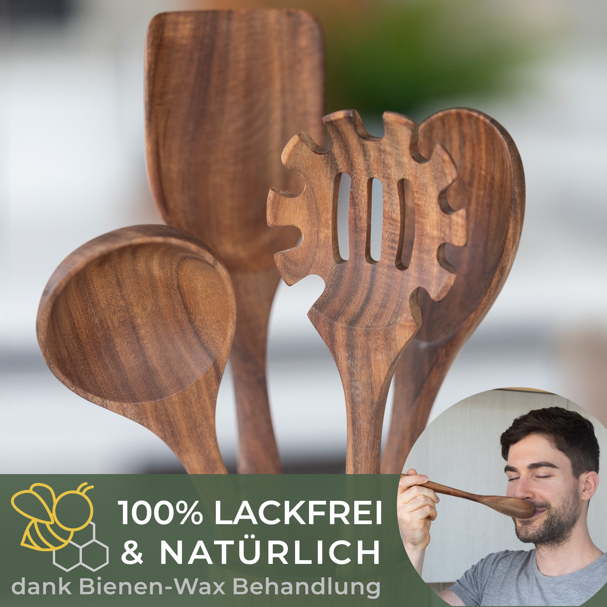 Waldwerk Kochbesteck-Set Küchenhelfer aus Teakholz - Kochbesteck Set - Küchenutensilien (4-tlg), Pfannenwender, Holzlöffel, Nudellöffel und mehr – Bild 3 von 5