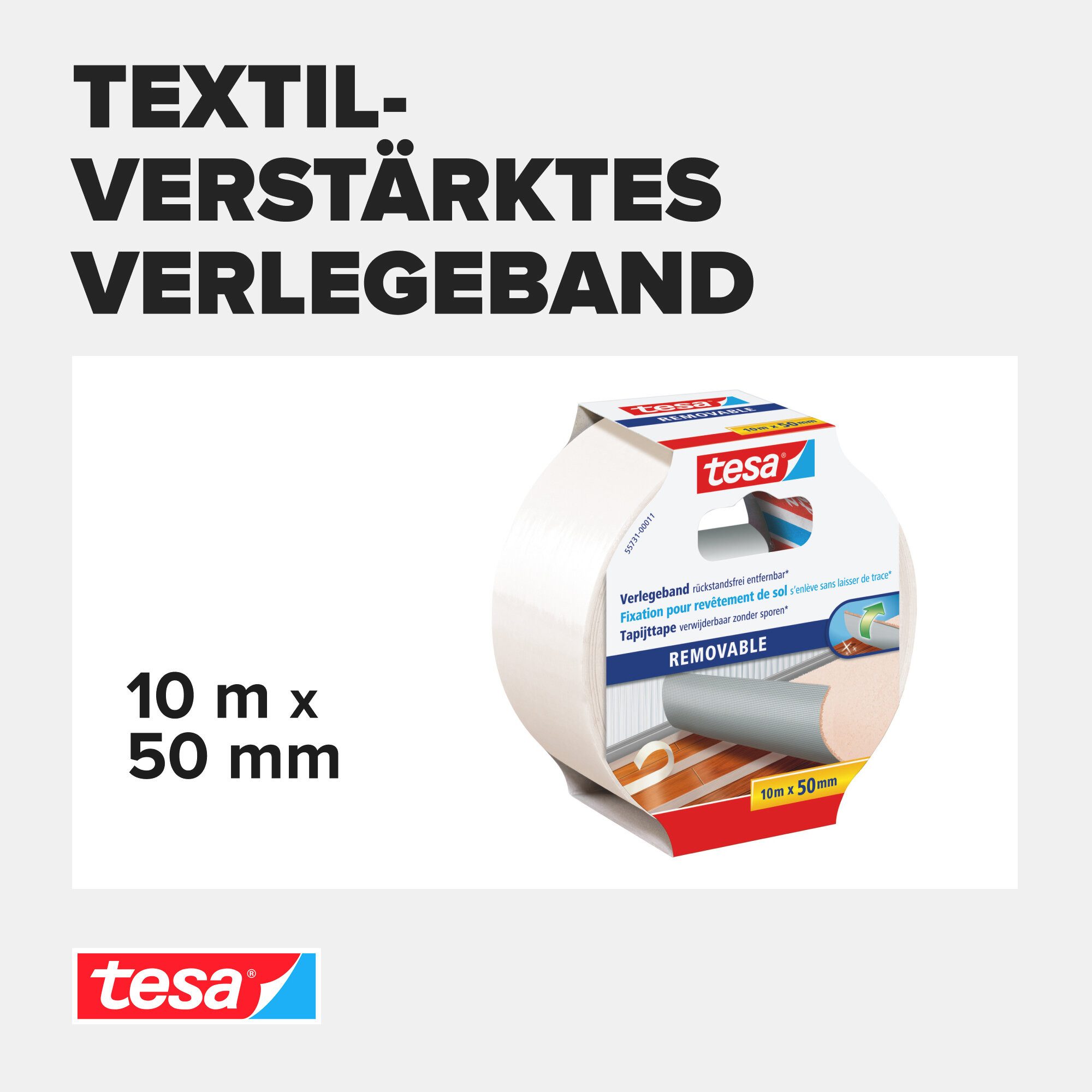 tesa Doppelklebeband REMOVABLE Verlegeband (Packung, 1-St) Gewebeklebeband für Teppiche & PVC-Beläge - entfernbar ohne Rückstände
