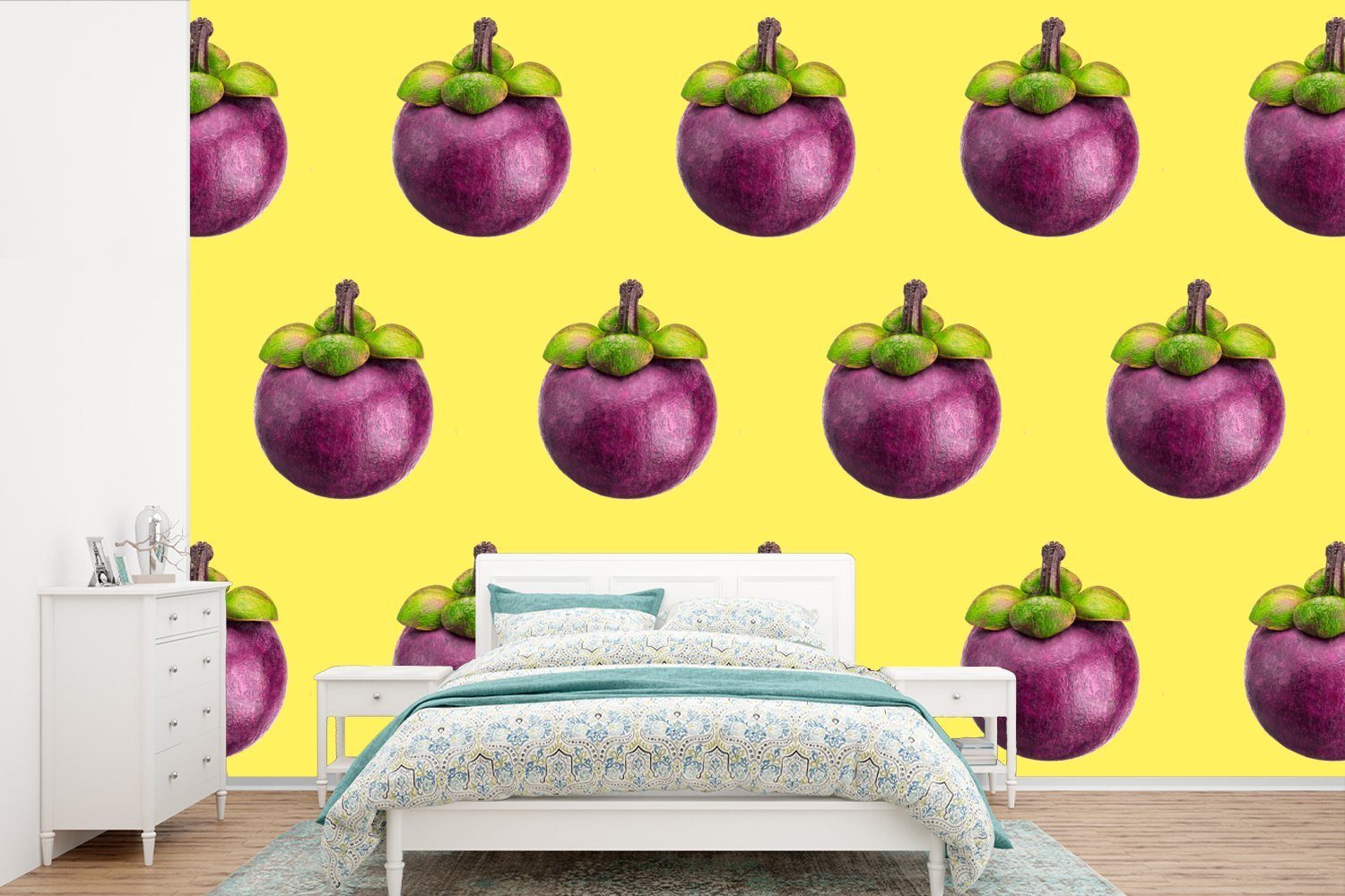 MuchoWow Fototapete Obst - Lila - Muster, Matt, bedruckt, (6 St), Wallpaper für Wohnzimmer, Schlafzimmer, Kinderzimmer, Vinyl Tapete