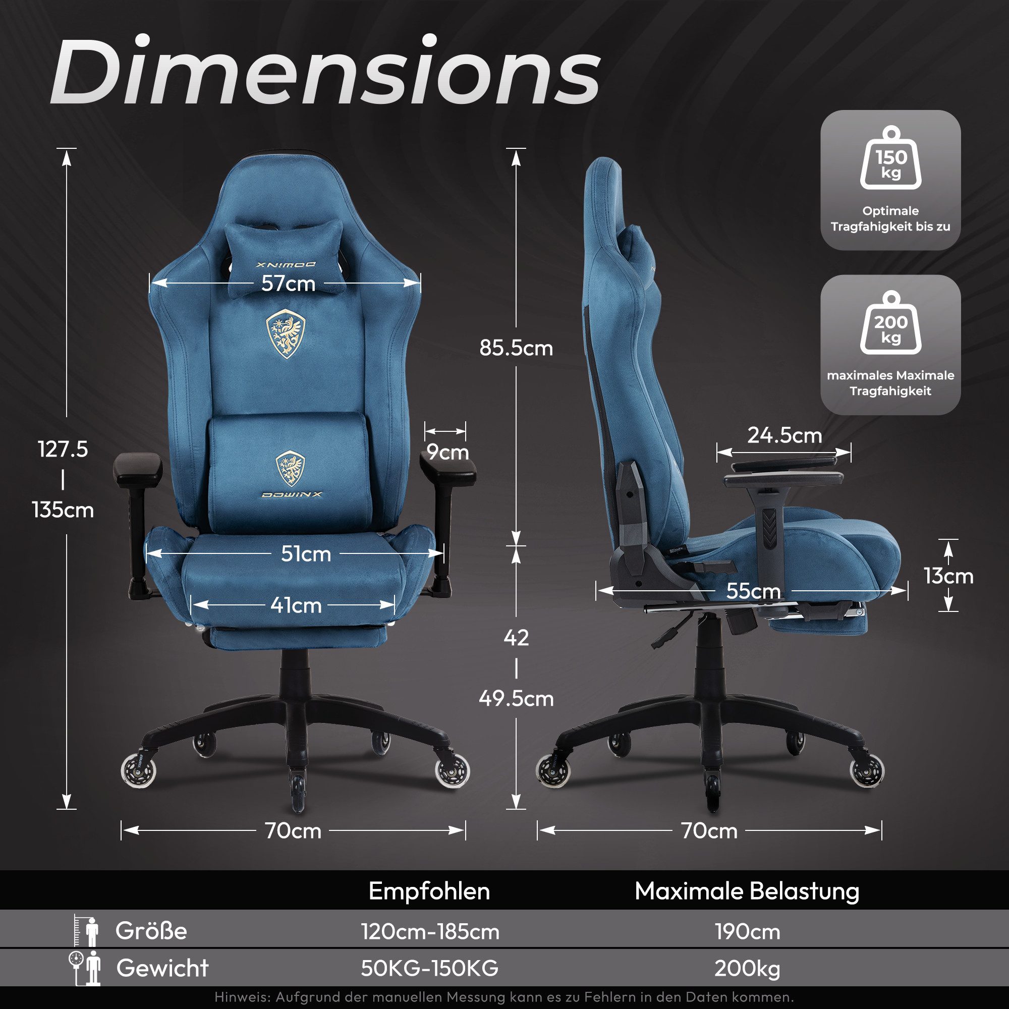 Dowinx Gaming-Stuhl Atmungsaktiver und Ergonomischer Bürostuhl aus Mikrofaser-Velours (Packung), Mikrofaser-Velours, Ausziehbarer Fußstütze, Armlehnen Verstellbar