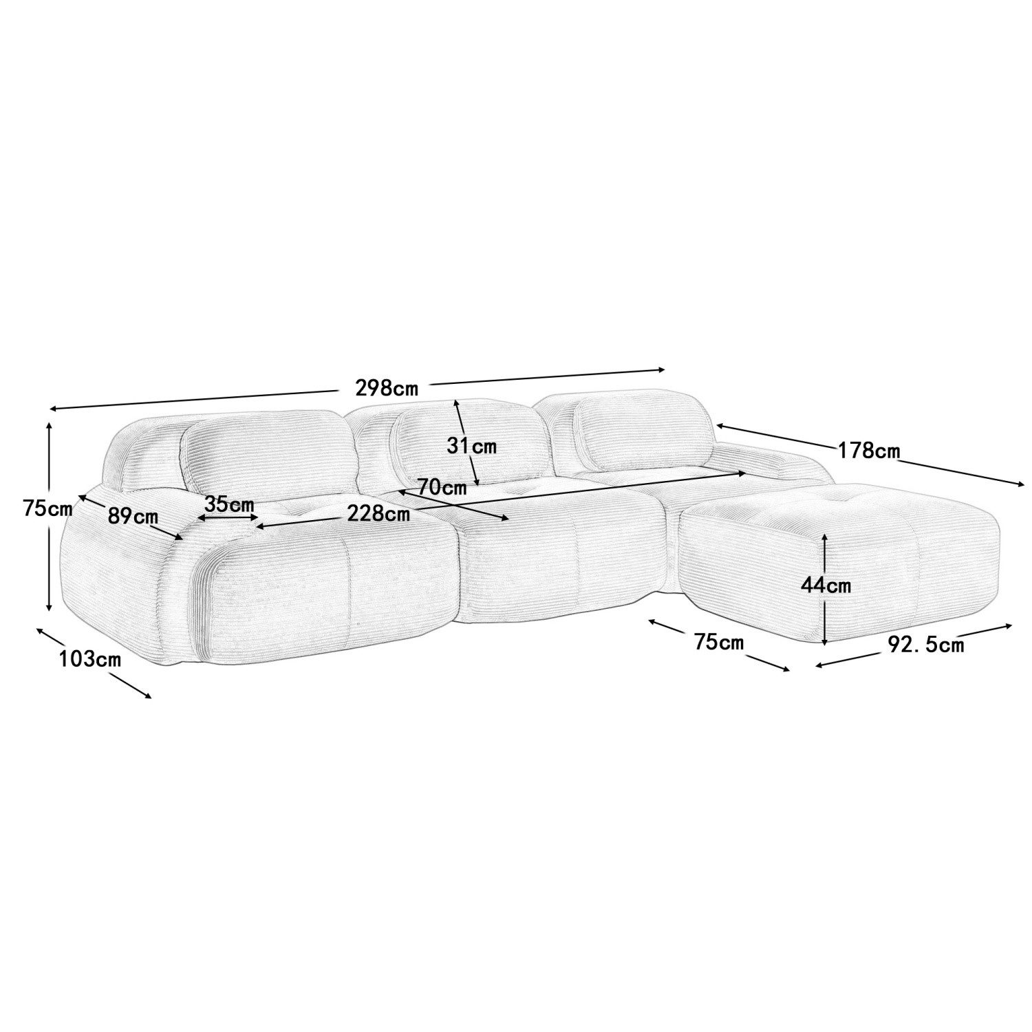 ANYSUN Ecksofa Sofa Ecksofa Loungesofa 4-Sitzer-Sofa mit 1 Beweglicher Hocker, Modulare Sitzelemente,mit extra-breiten Armlehnen, 32D hochelastische Polsterung,für Wohnzimmer und Schlafzimmer Büro