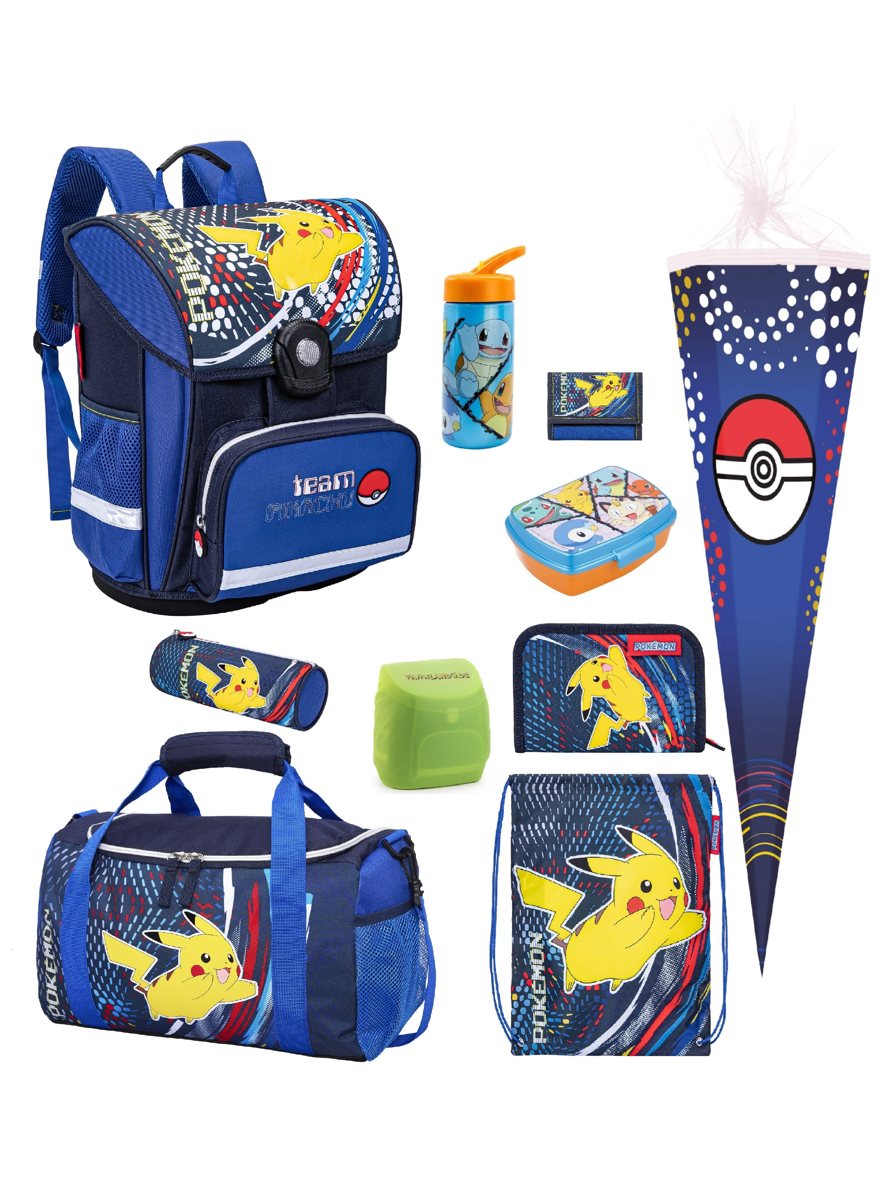 Familando Schulranzen Pokemon Blau mit Pikachu für 1. bis 4. Klasse, Ergonomisch & Leicht (Set, 10-tlg., Komplett mit Schultüte 85 cm), mit Schultüte 85cm, Dose, Flasche und großer Sporttasche
