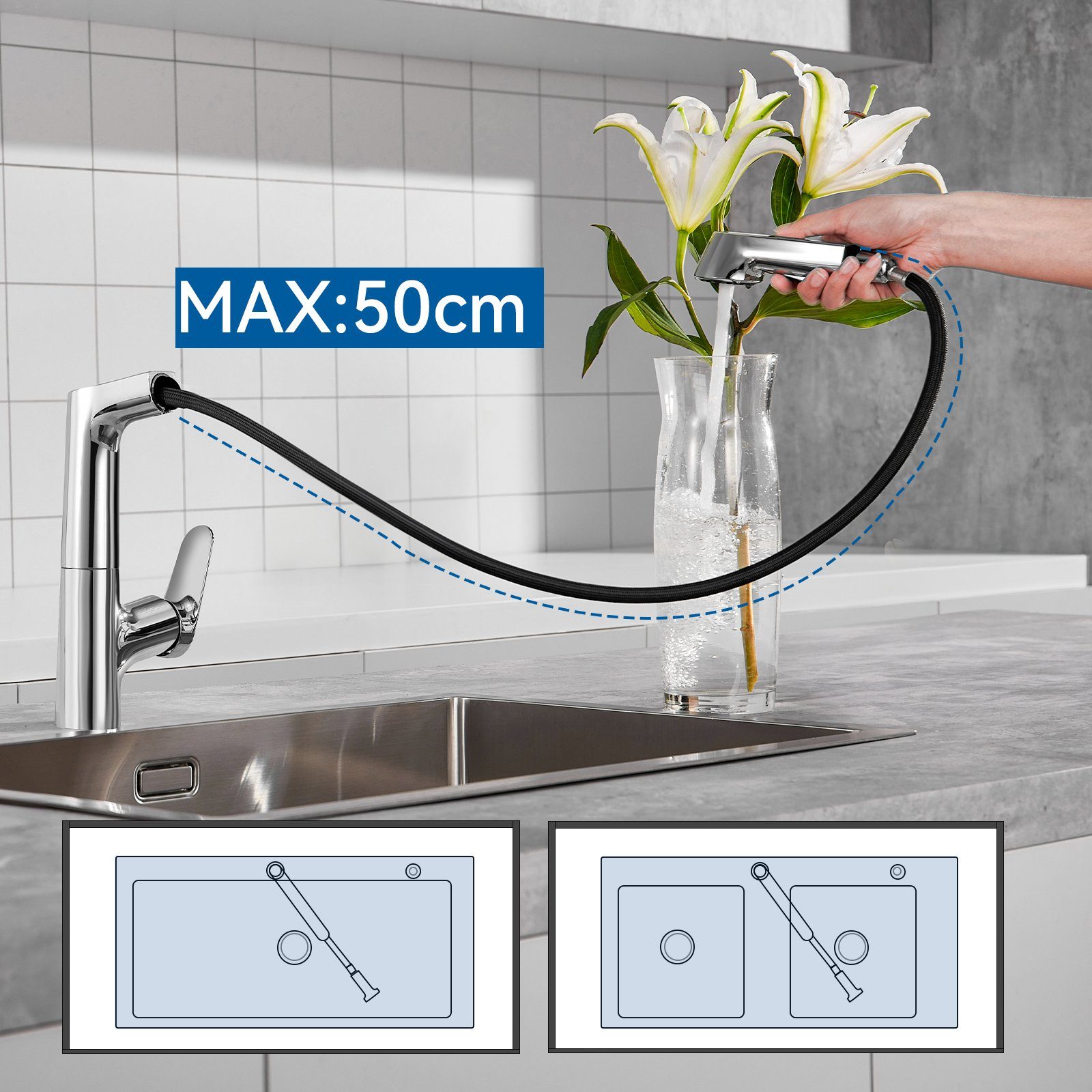 Auralum Spültischarmatur 360° Schwenkbar Küchenarmatur Wasserhahn Ausziehbar mit Strahlarten Brause Ausziehbar 2