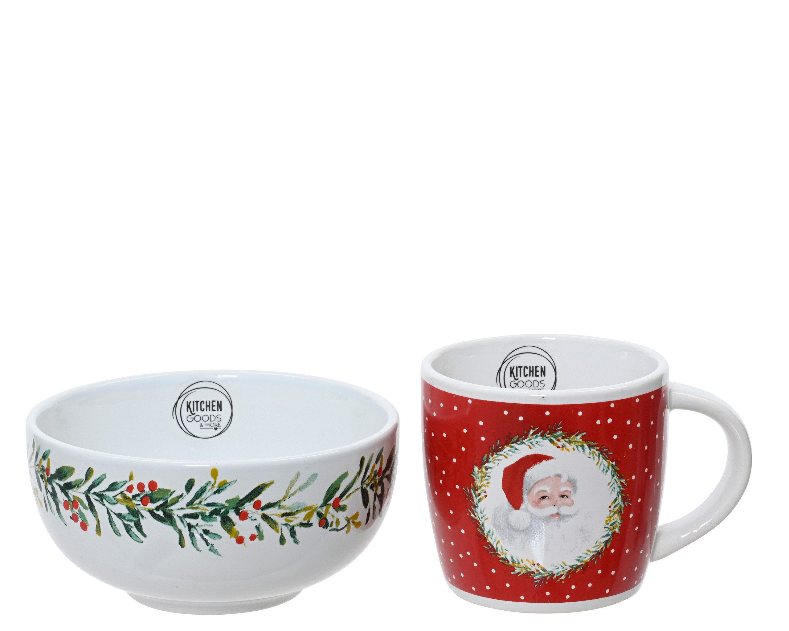 Kaemingk Frühstücks-Geschirrset, Keramik, Frühstücksgeschirr Steingut mit Weihnachtsmotiv 2er Set Weiß / Rot