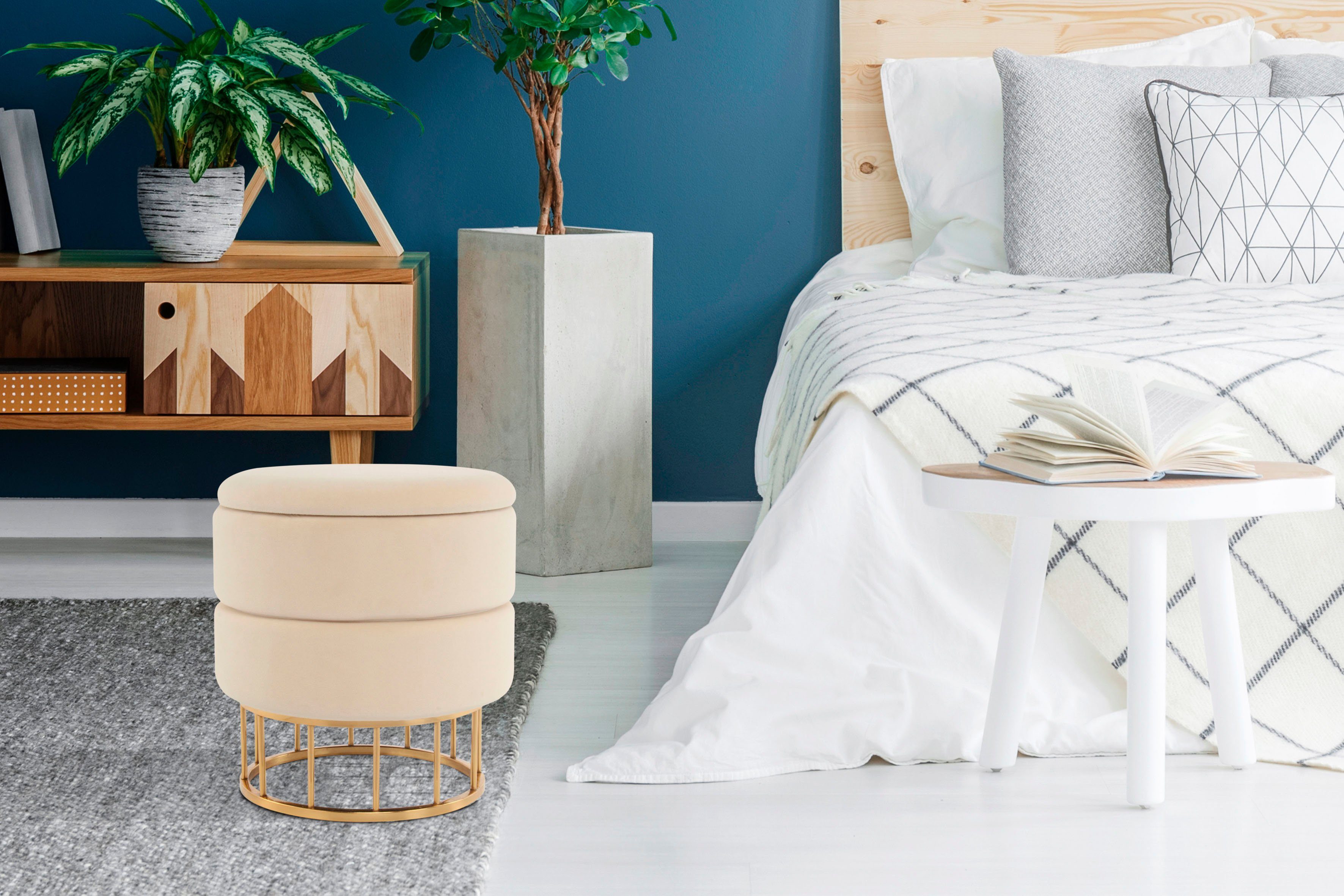 Kayoom Stauraumhocker Hocker Zero 525, Sitzhocker mit Komfort,runde, moderne Form (1 St), glamourös, elegant, mit Stauraum, Bezug aus samtweichem Stoff