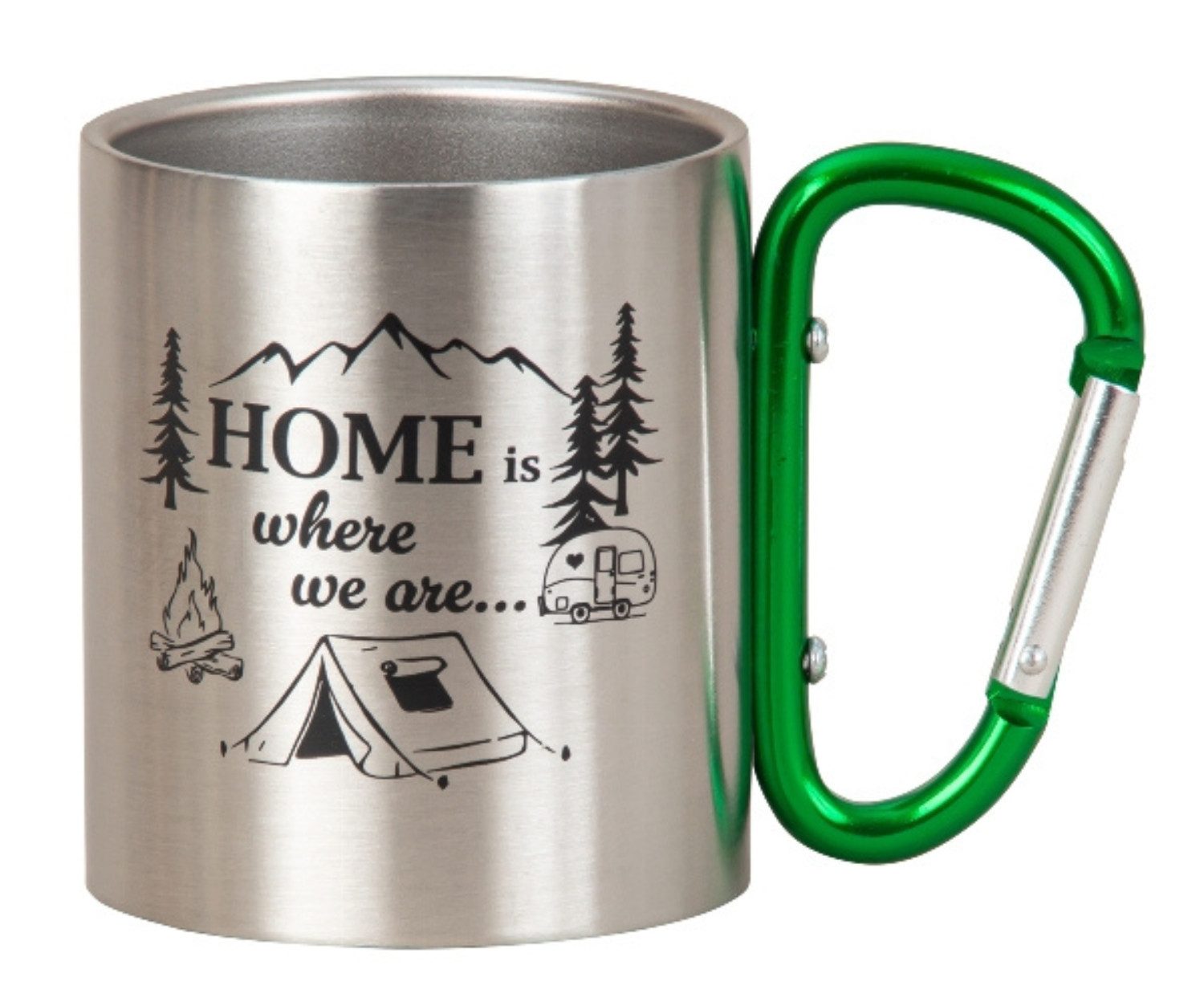 MF Becher Camping-Becher mit Karabiner, 220 ml, Metall, bedruckt, grüner Griff