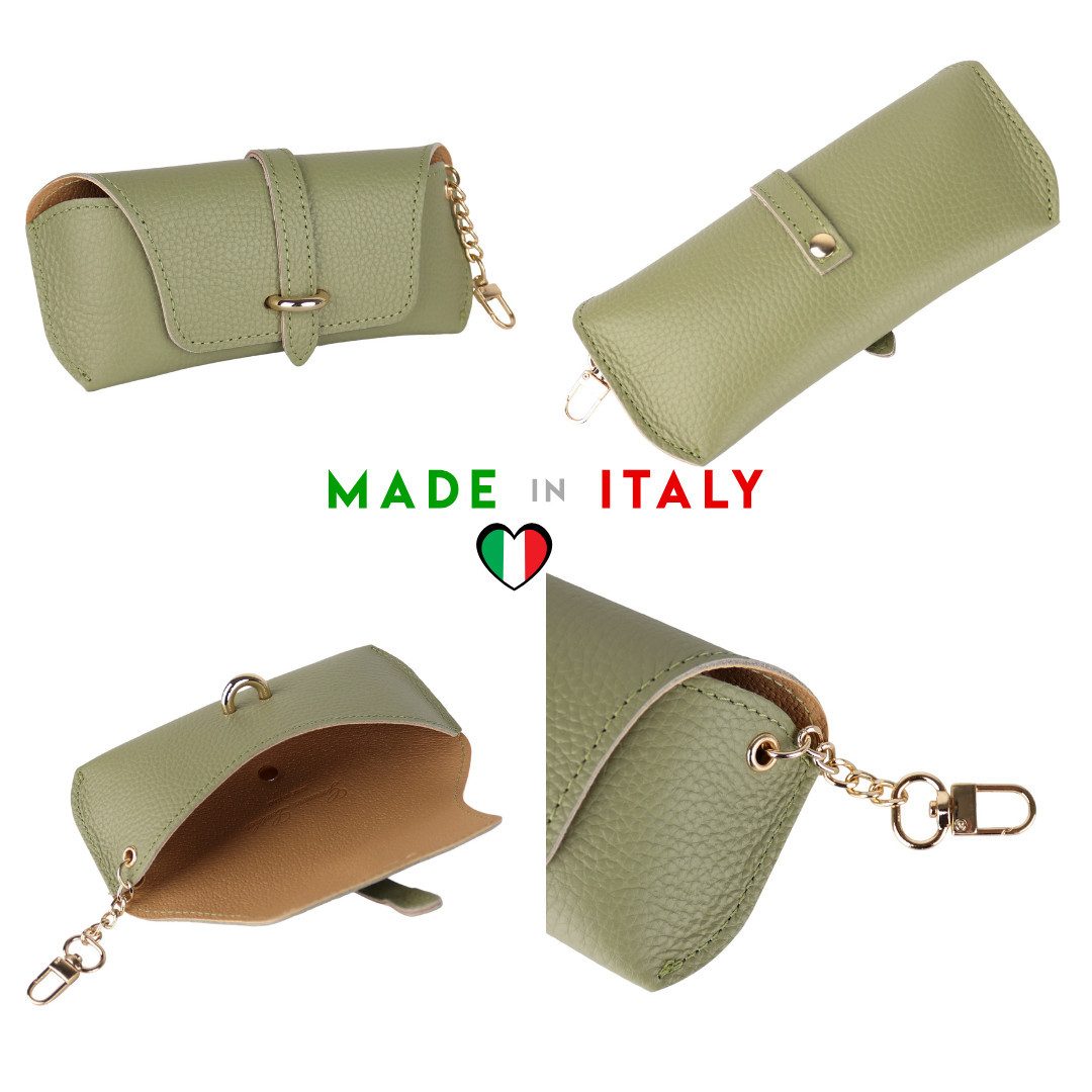 MIRROSI Brillenetui aus Echtleder Made in Italy mit Karabiner, Brillentasche Hergestellt in Italien, mit goldfarbenem Metallzubehör