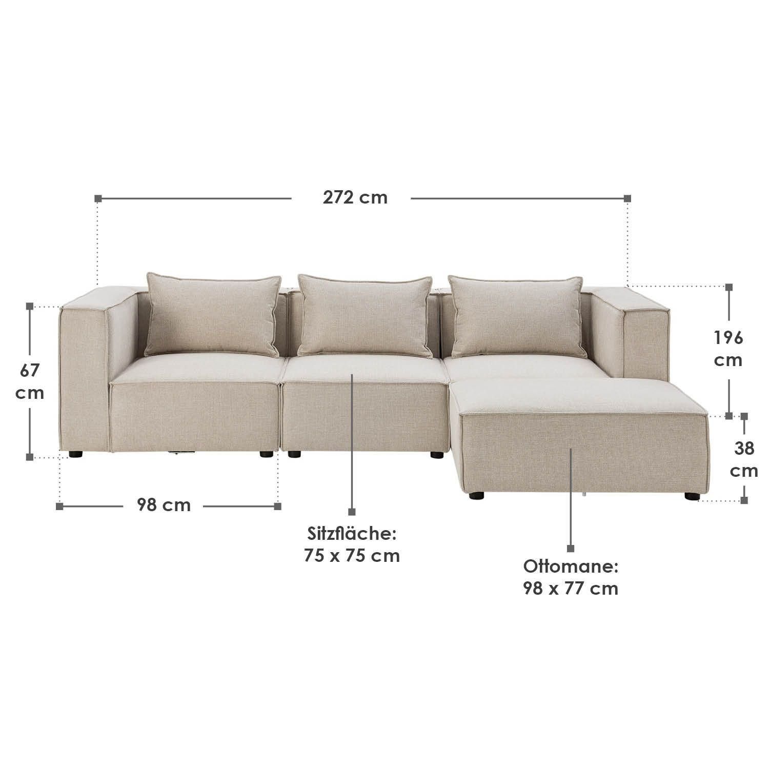 4 mane mit Teile, Juskys Wohnzimmer, Couch Domas, & für L, Kissen Sitzer Ecksofa modulare 3