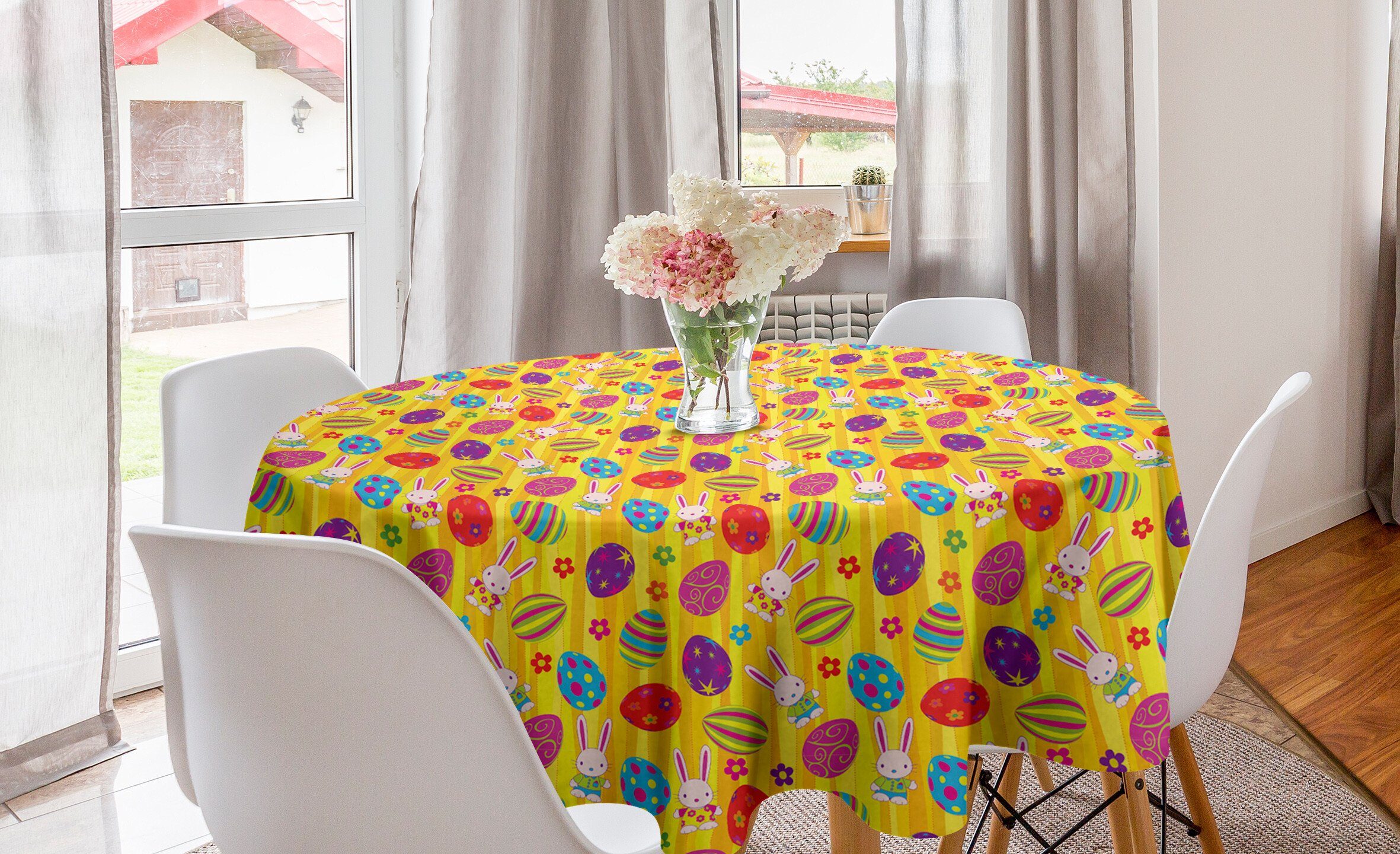 Kreis Abdeckung Küche Tischdecke Hasen Tischdecke Dekoration, Funky Gänseblümchen Esszimmer für Ostern Abakuhaus