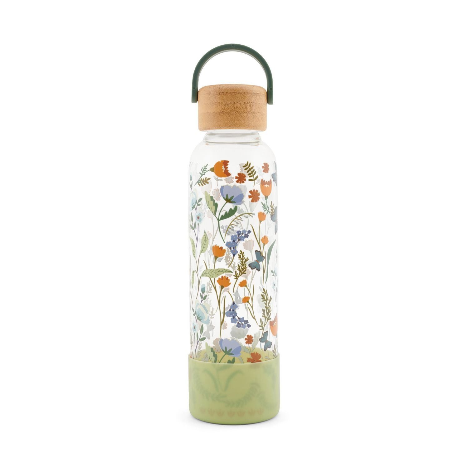Kartenkompass Trinkflasche aus Glas mit Silikoncover, ""Green Meadow""