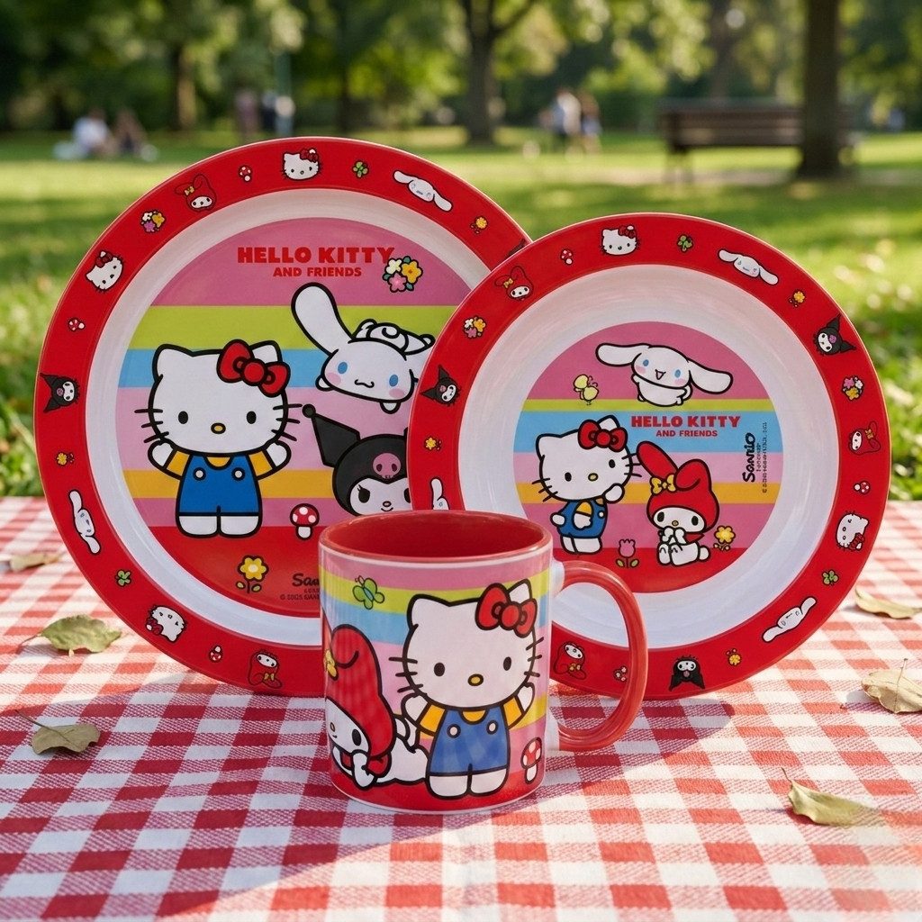 Hello Kitty Kindergeschirr-Set Hello Kitty Friends Kinder Geschirr-Set 3 tlg Becher Teller Schüssel (3-tlg), 1 Personen