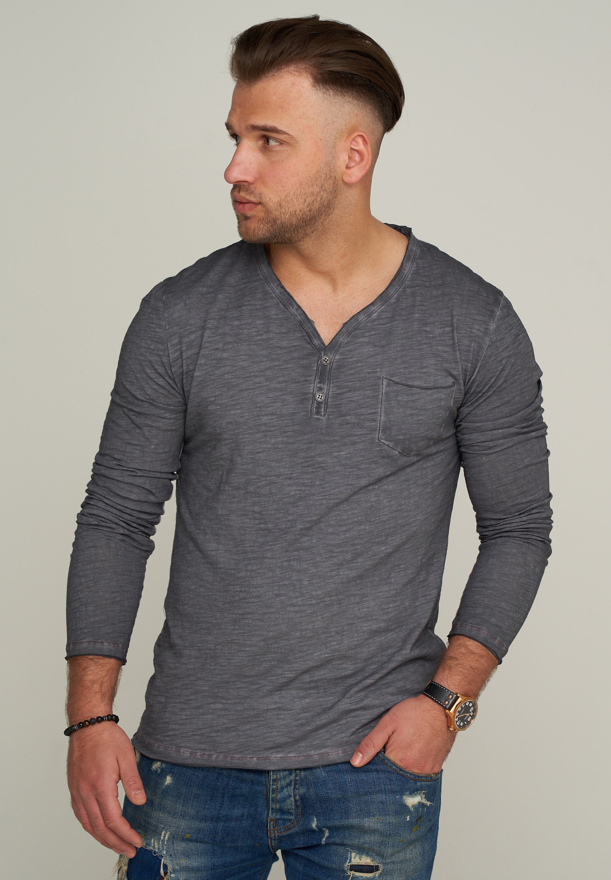 CARISMA Longsleeve CRSEWARD V-Neck mit Knopfleiste T-Shirt Dunkelgrau