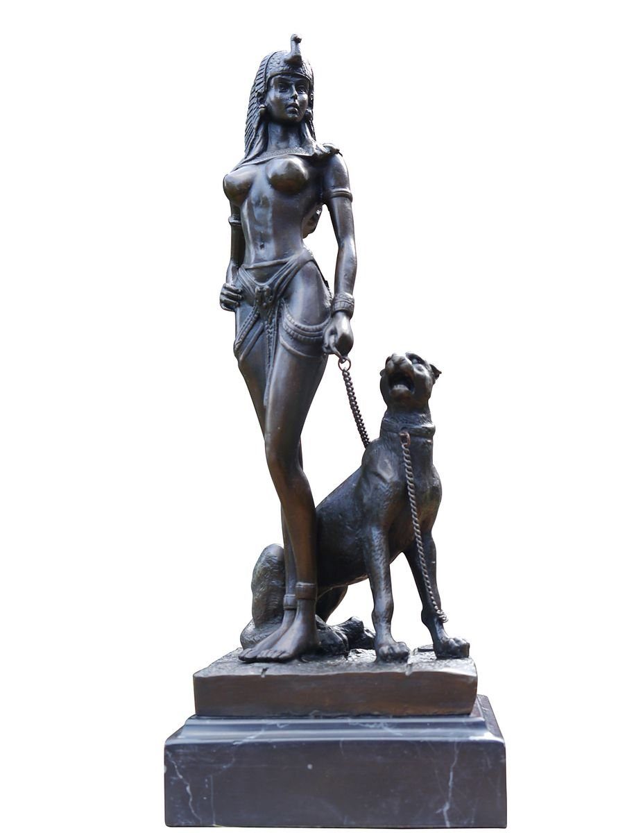 Dekoobjekt Bronze-Statue, Pharaonin mit Leopard auf Marmorsockel